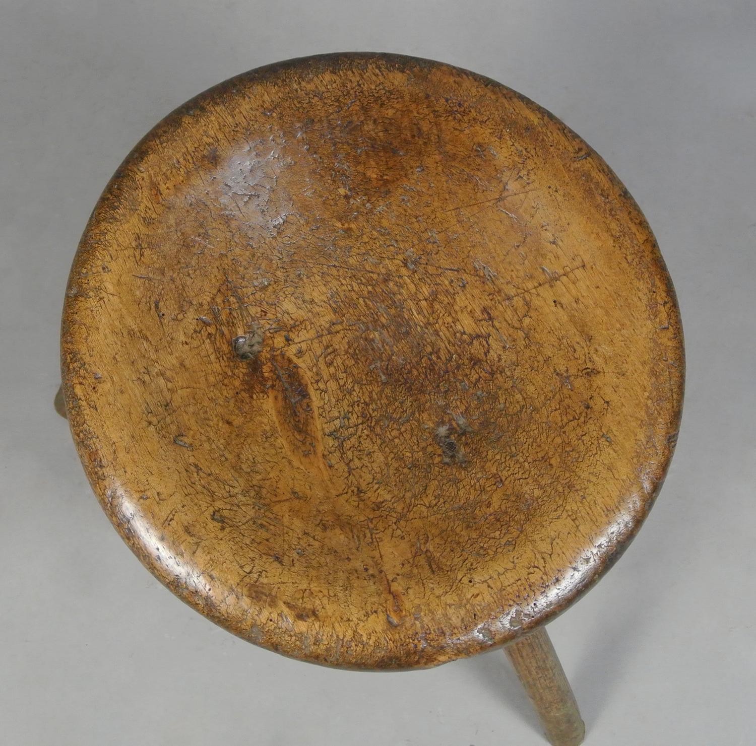 18th Century and Earlier Early 18th Century Primitive Welsh Sycamore Dish Topped Stool c. 1740