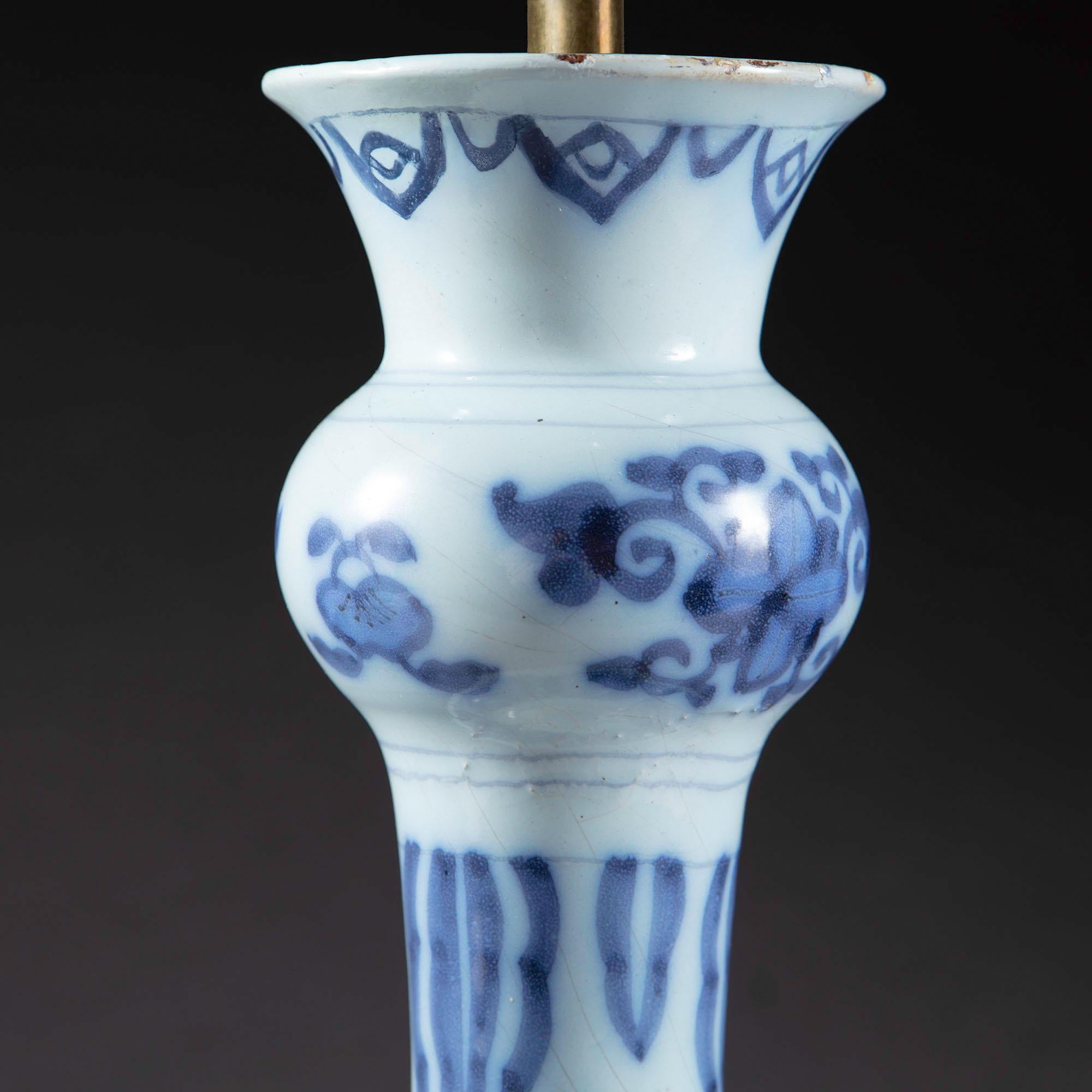 18th Century and Earlier Early 18th Century Dutch Delft Knobble Vases Mounted as Table Lamp