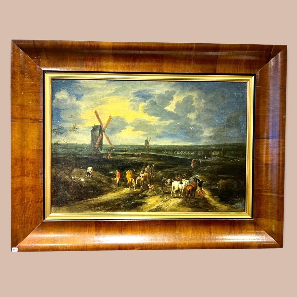 Cette magnifique peinture à l'huile sur toile représente un paysage hollandais vibrant et est attribuée à Théobald Michau (1676-1765). Elle se caractérise par une représentation réaliste de la vie rurale quotidienne dans un paysage hollandais plat,
