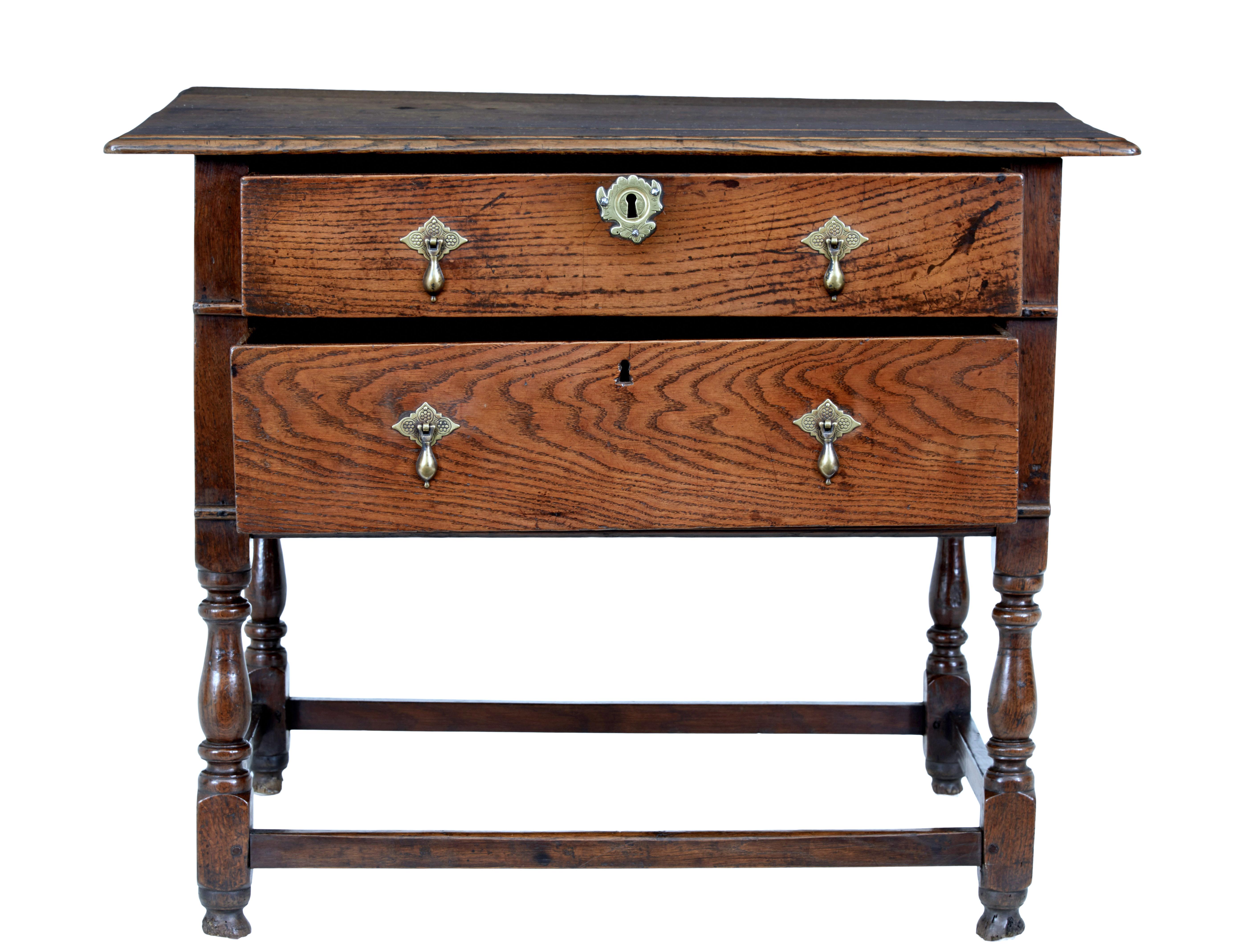 Georgian Early 18th Century English 2 Drawer Oak Side Table For Sale