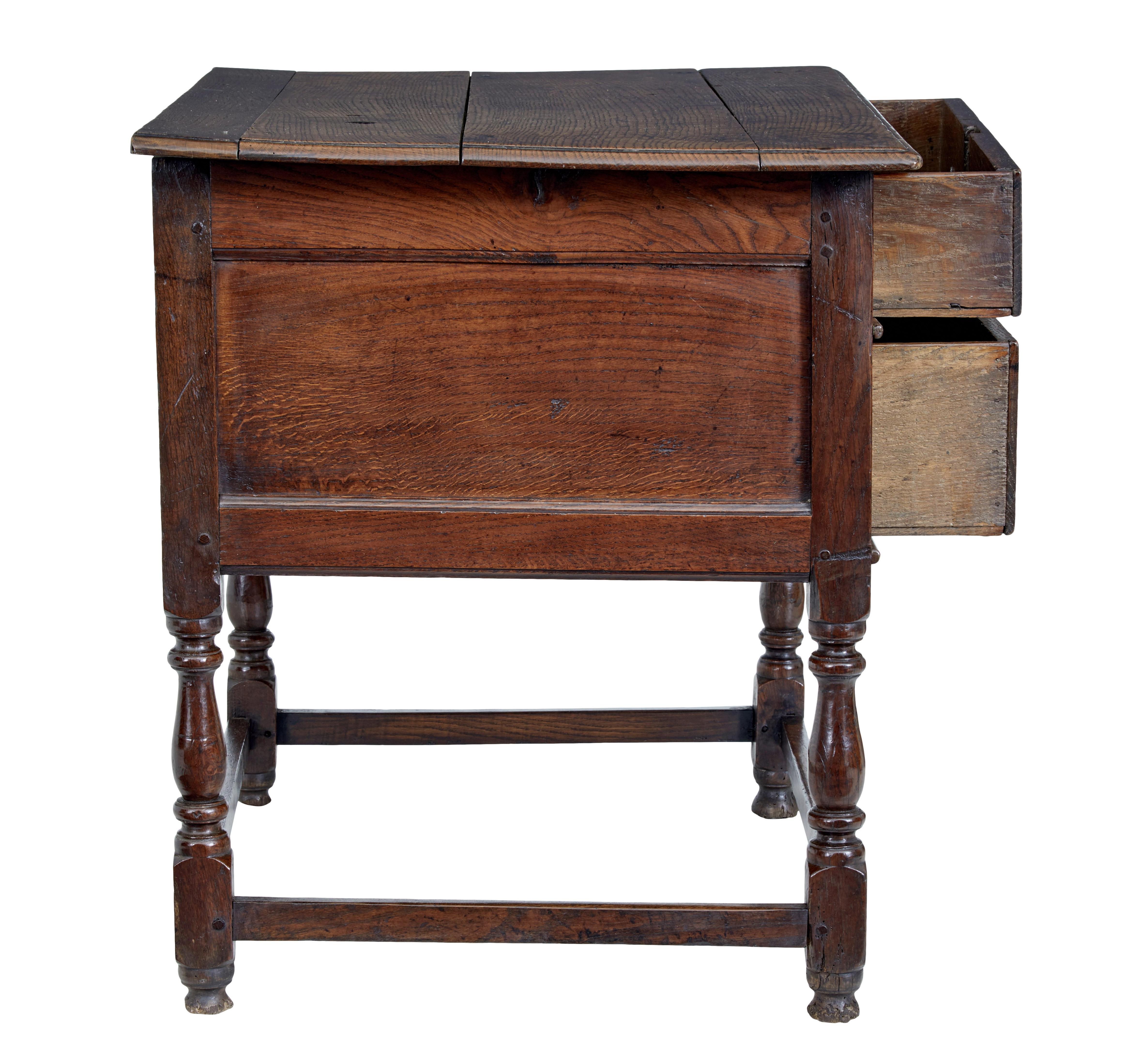 Early 18th Century English 2 Drawer Oak Side Table For Sale 1