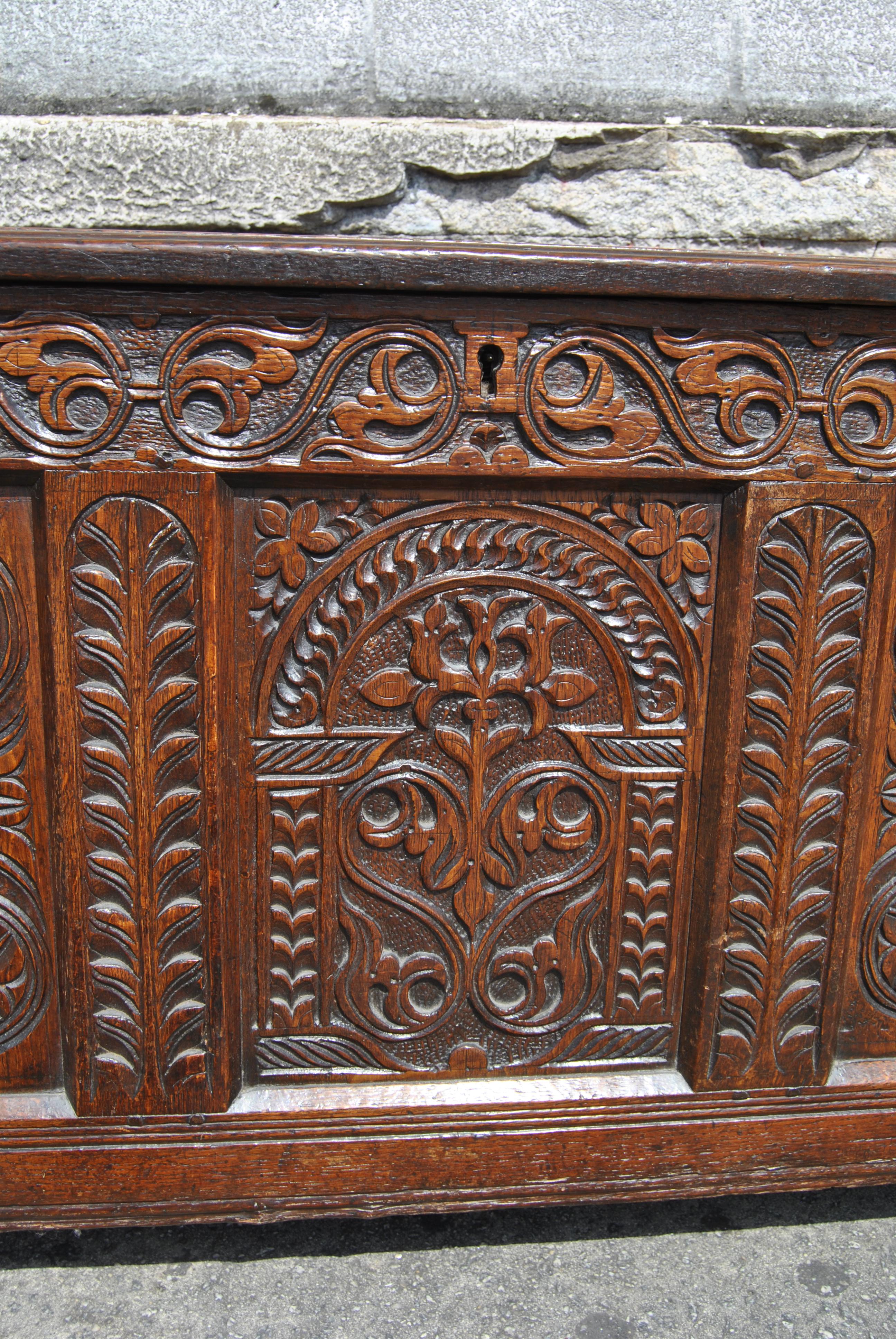 Elizabethan Early 18th Century English Carved Oak Blanket Chest / Coffer