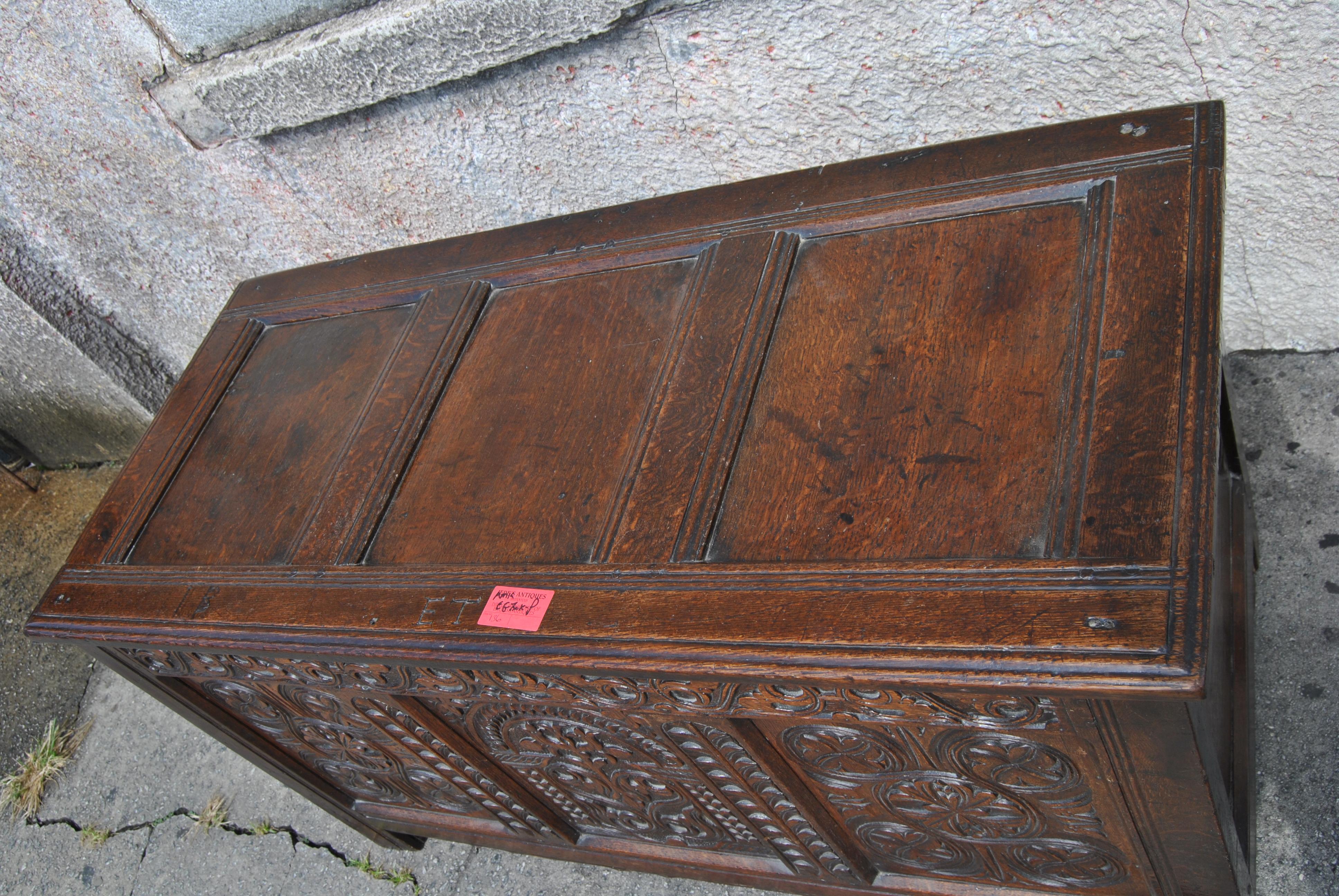 Early 18th Century English Carved Oak Blanket Chest / Coffer 1
