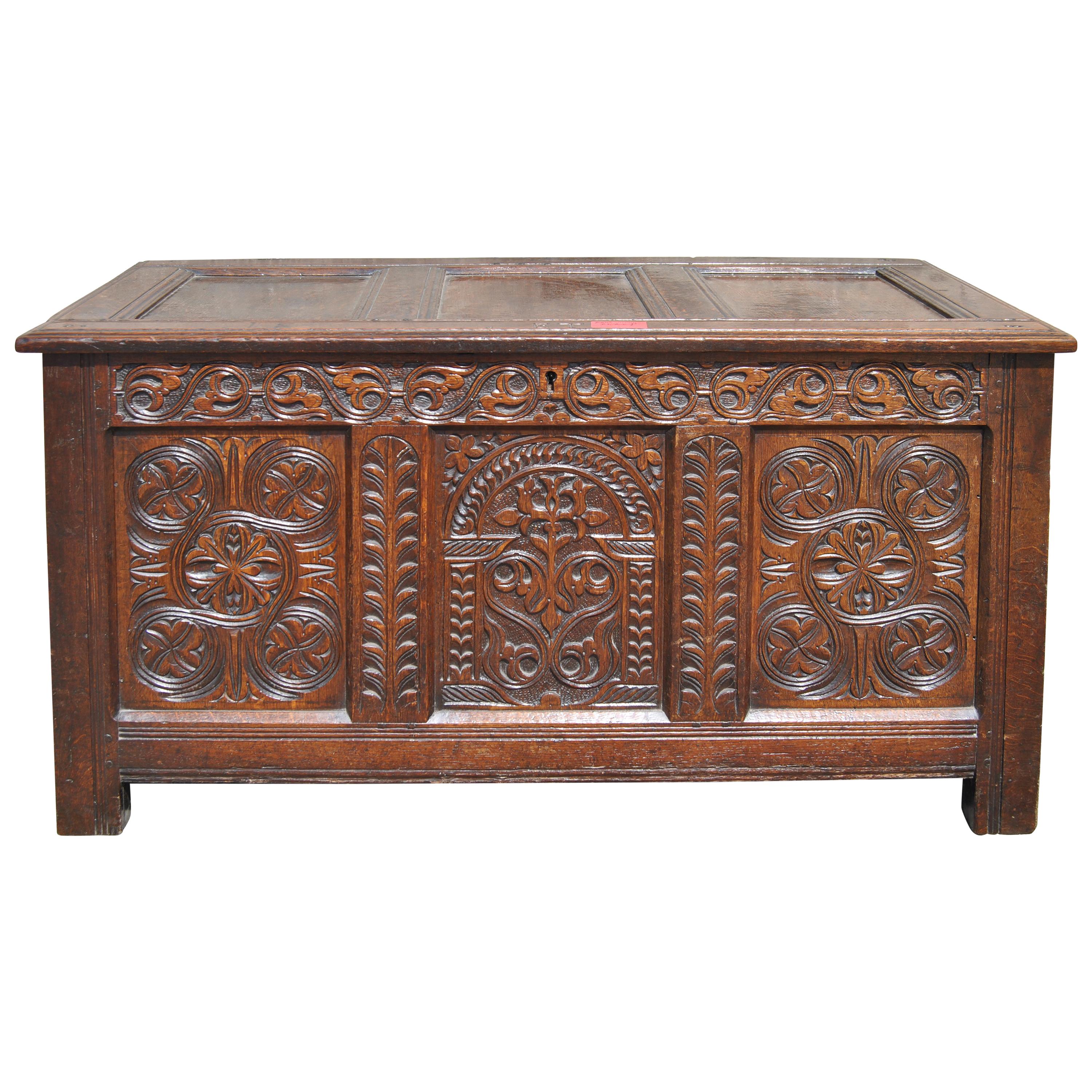 Early 18th Century English Carved Oak Blanket Chest / Coffer