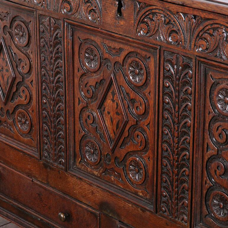 George I Early 18th Century English Carved Oak Coffer Blanket Box 