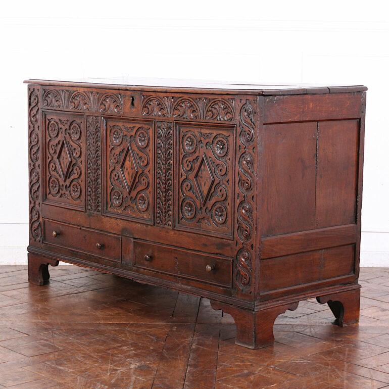 Early 18th Century English Carved Oak Coffer Blanket Box  1