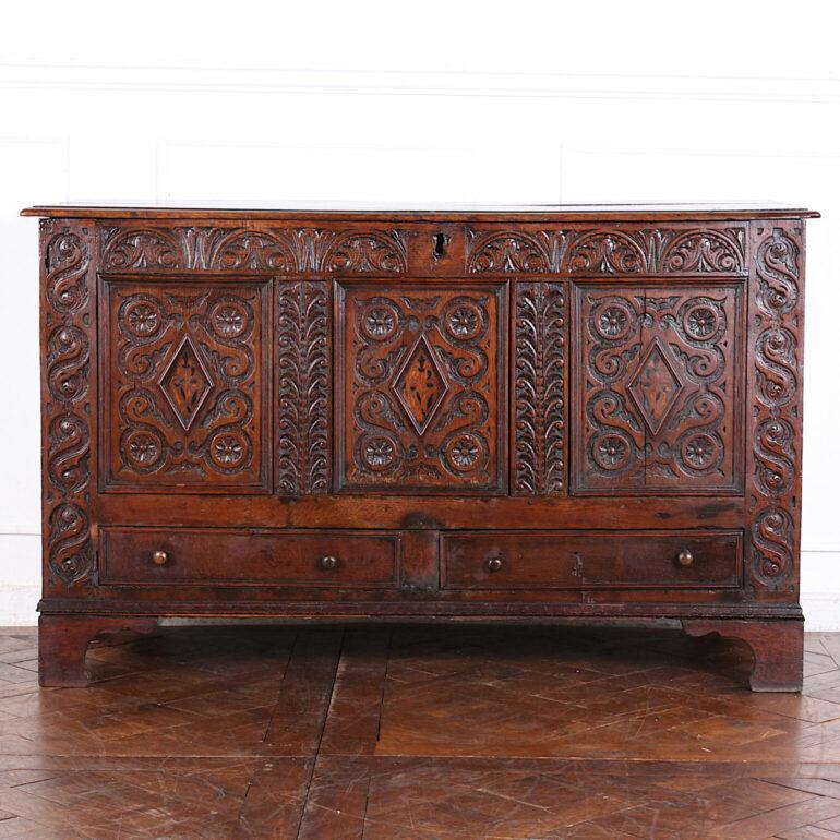 Early 18th Century English Carved Oak Coffer Blanket Box  2