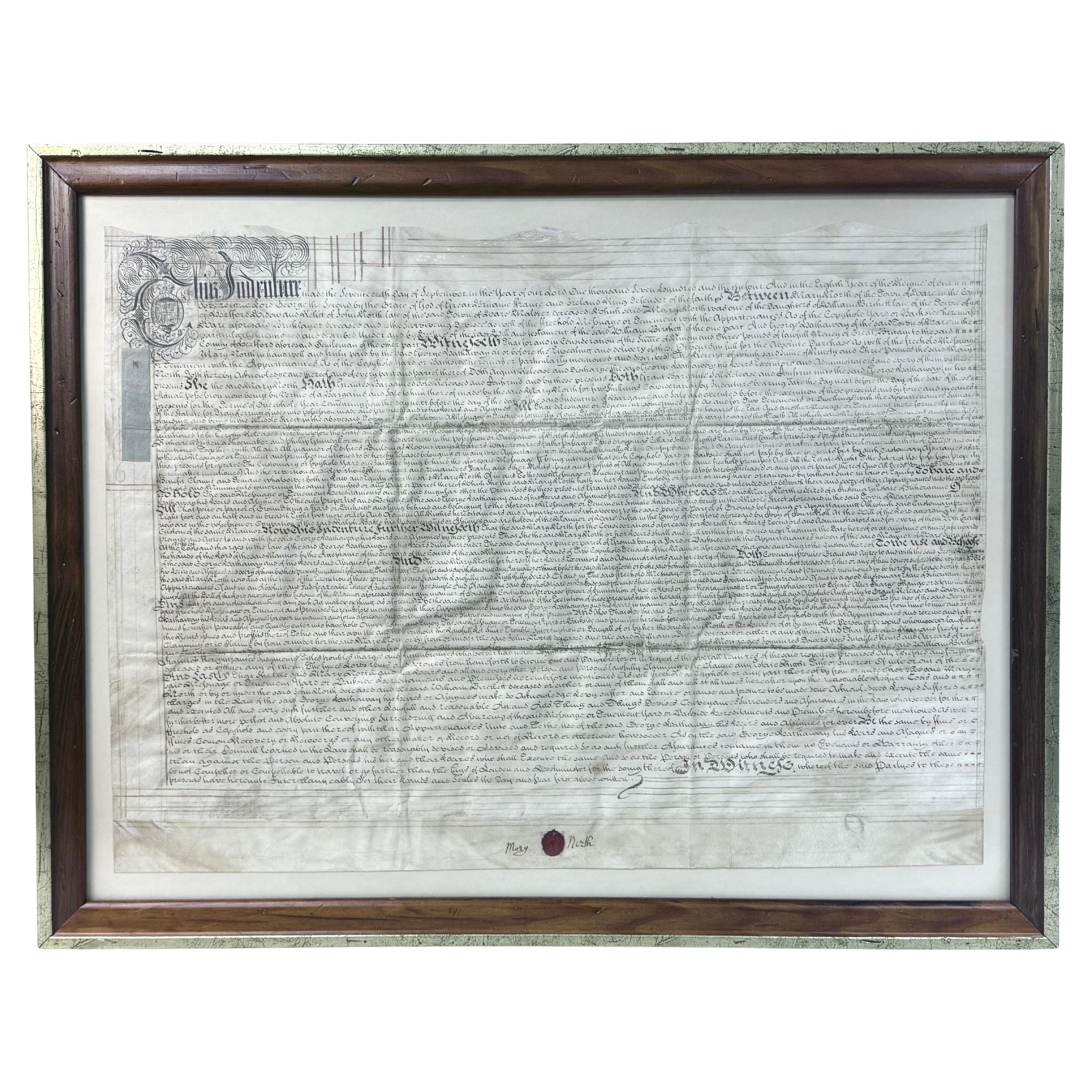 Early 18th Century English Framed Indenture Document, Framed