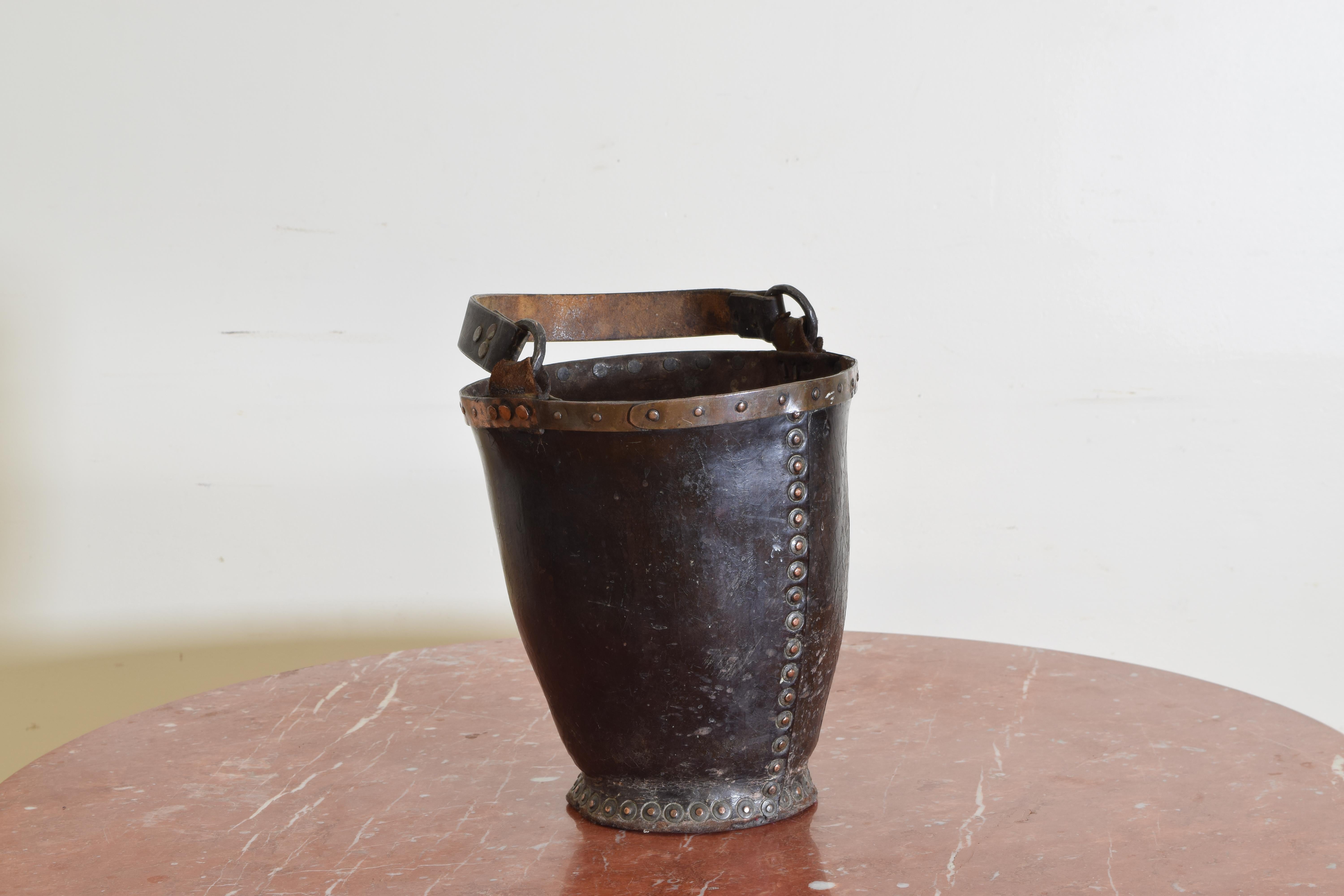 Rare leather and copper banded fire or Pete bucket.