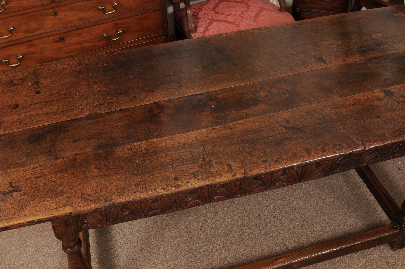  Early 18th Century English Long Oak Hall Table with Carved Frieze, Turned Legs  For Sale 7