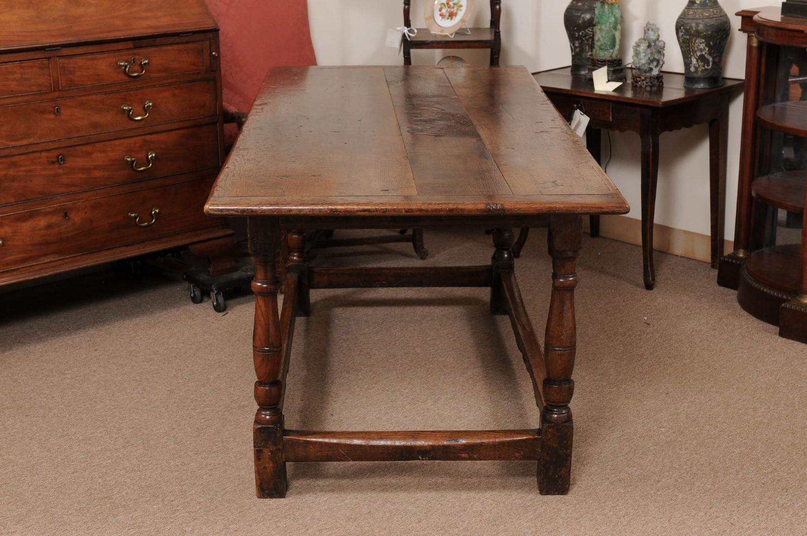 Early 18th Century English Long Oak Hall Table with Carved Frieze, Turned Legs  For Sale 8