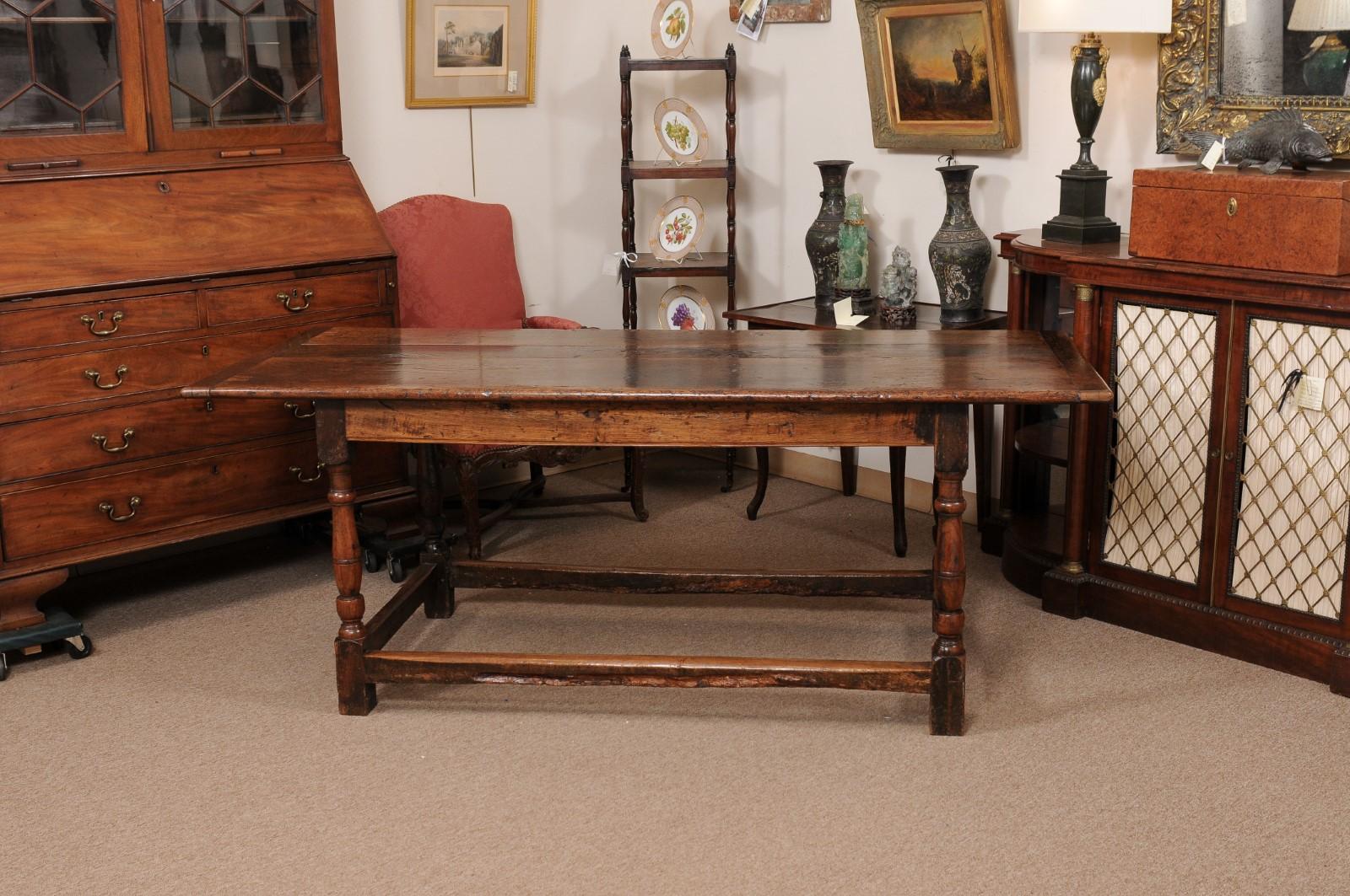  Early 18th Century English Long Oak Hall Table with Carved Frieze, Turned Legs  For Sale 11