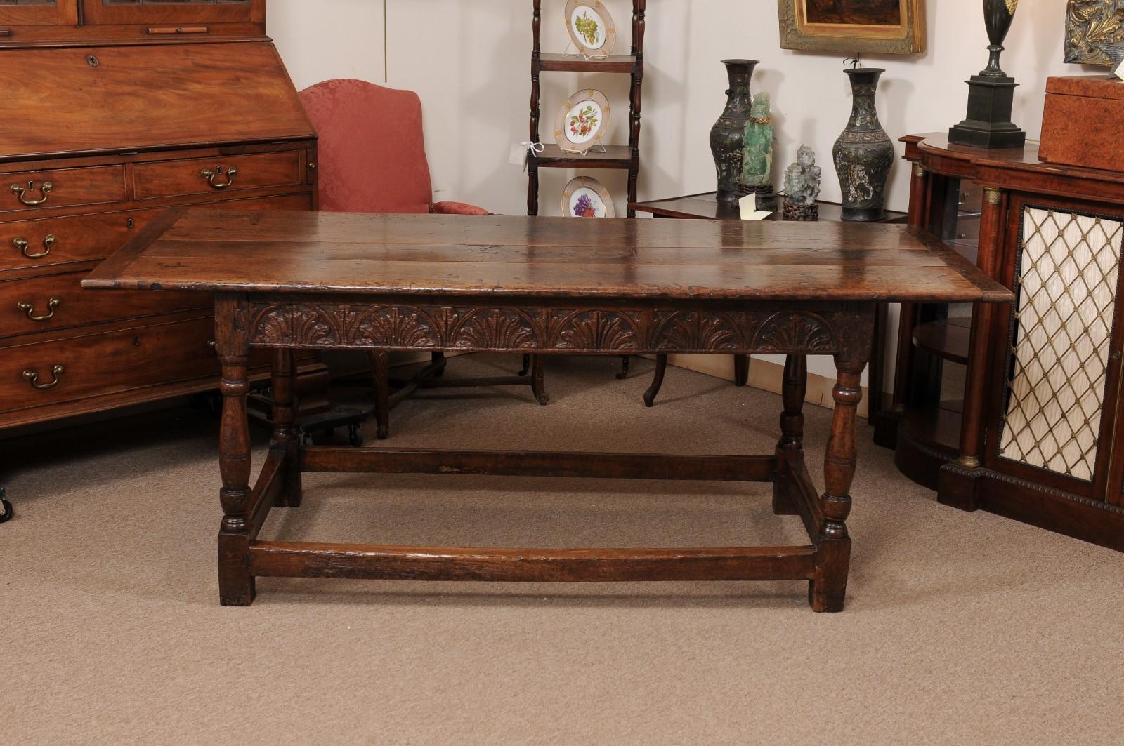  Early 18th Century English Long Oak Hall Table with Carved Frieze, Turned Legs  For Sale 3
