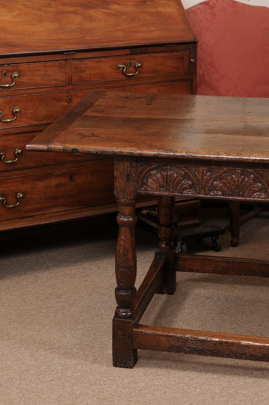  Early 18th Century English Long Oak Hall Table with Carved Frieze, Turned Legs  For Sale 4