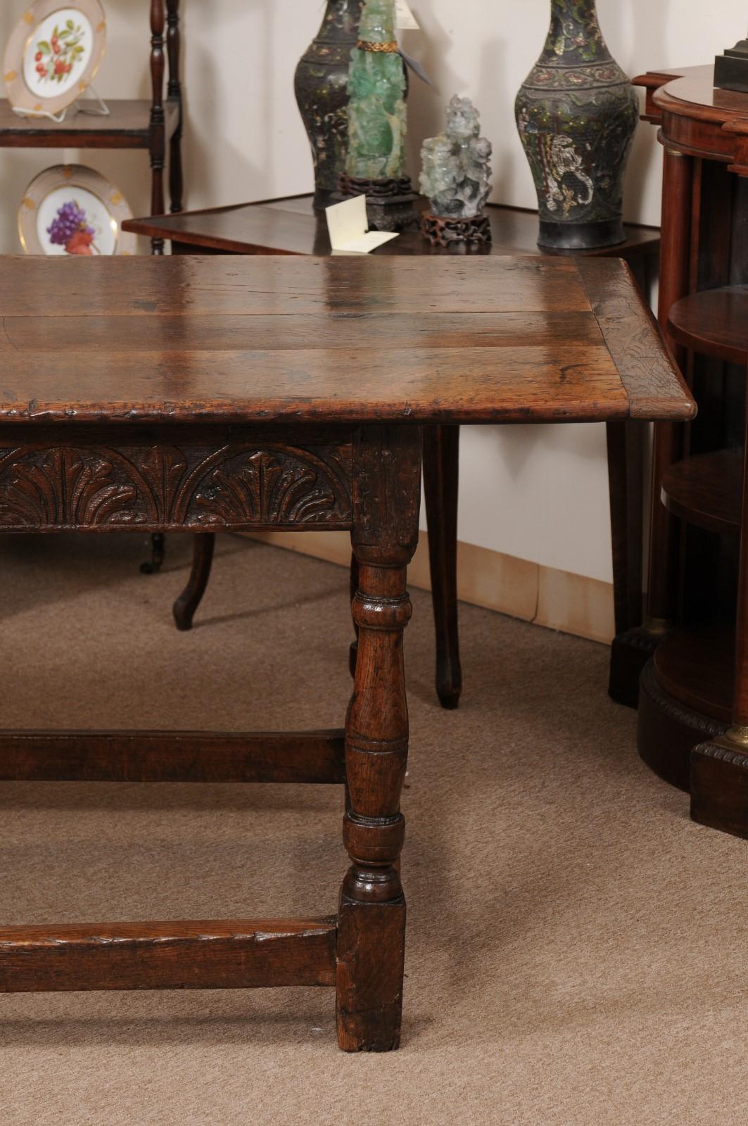  Early 18th Century English Long Oak Hall Table with Carved Frieze, Turned Legs  For Sale 5