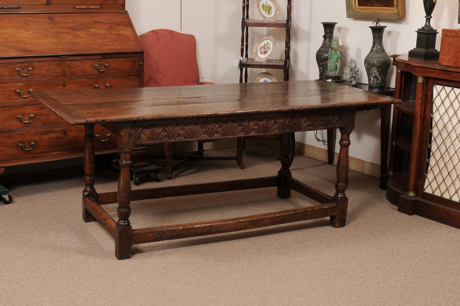  Early 18th Century English Long Oak Hall Table with Carved Frieze, Turned Legs  For Sale 6