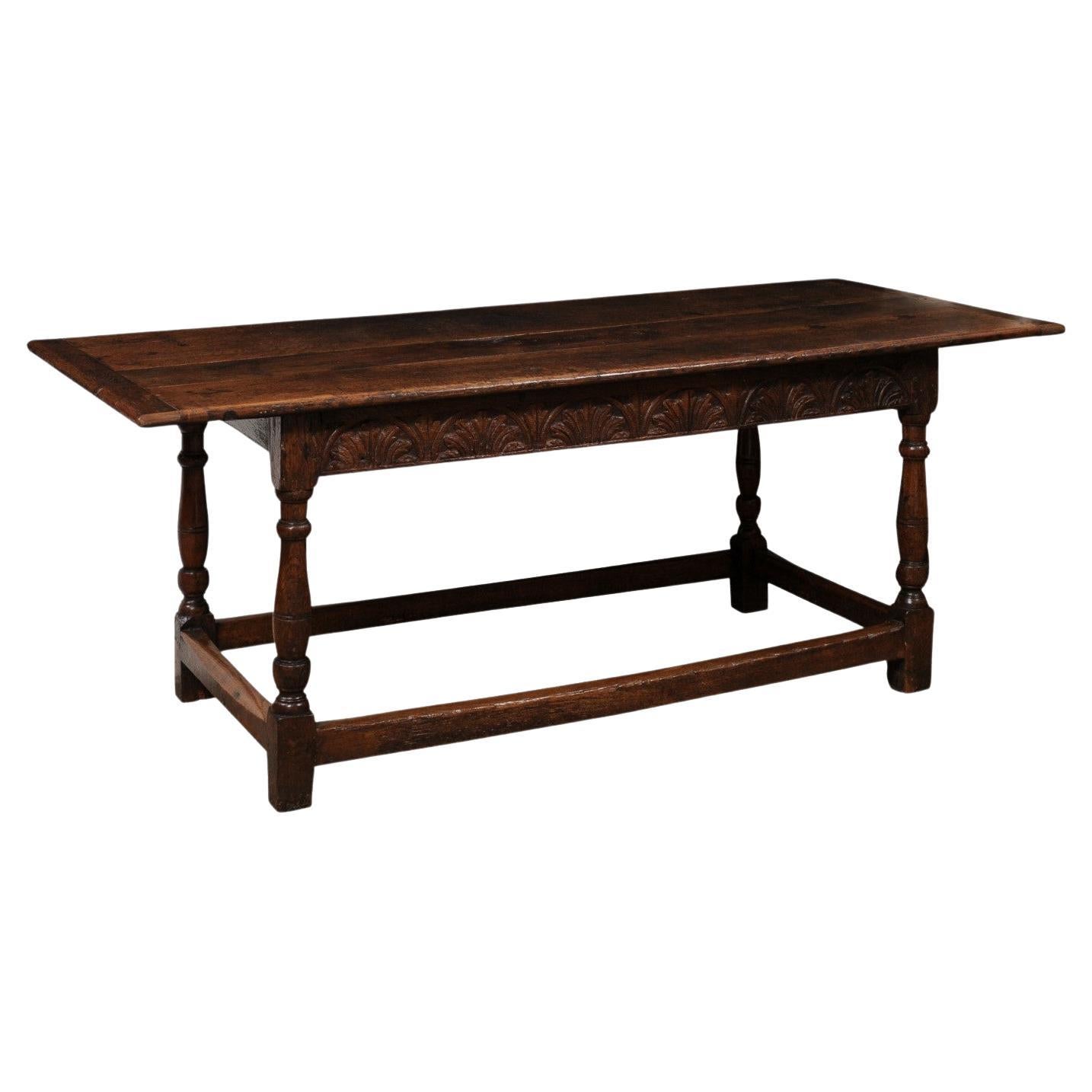  Early 18th Century English Long Oak Hall Table with Carved Frieze, Turned Legs  For Sale