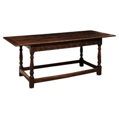  Early 18th Century English Long Oak Hall Table with Carved Frieze, Turned Legs 