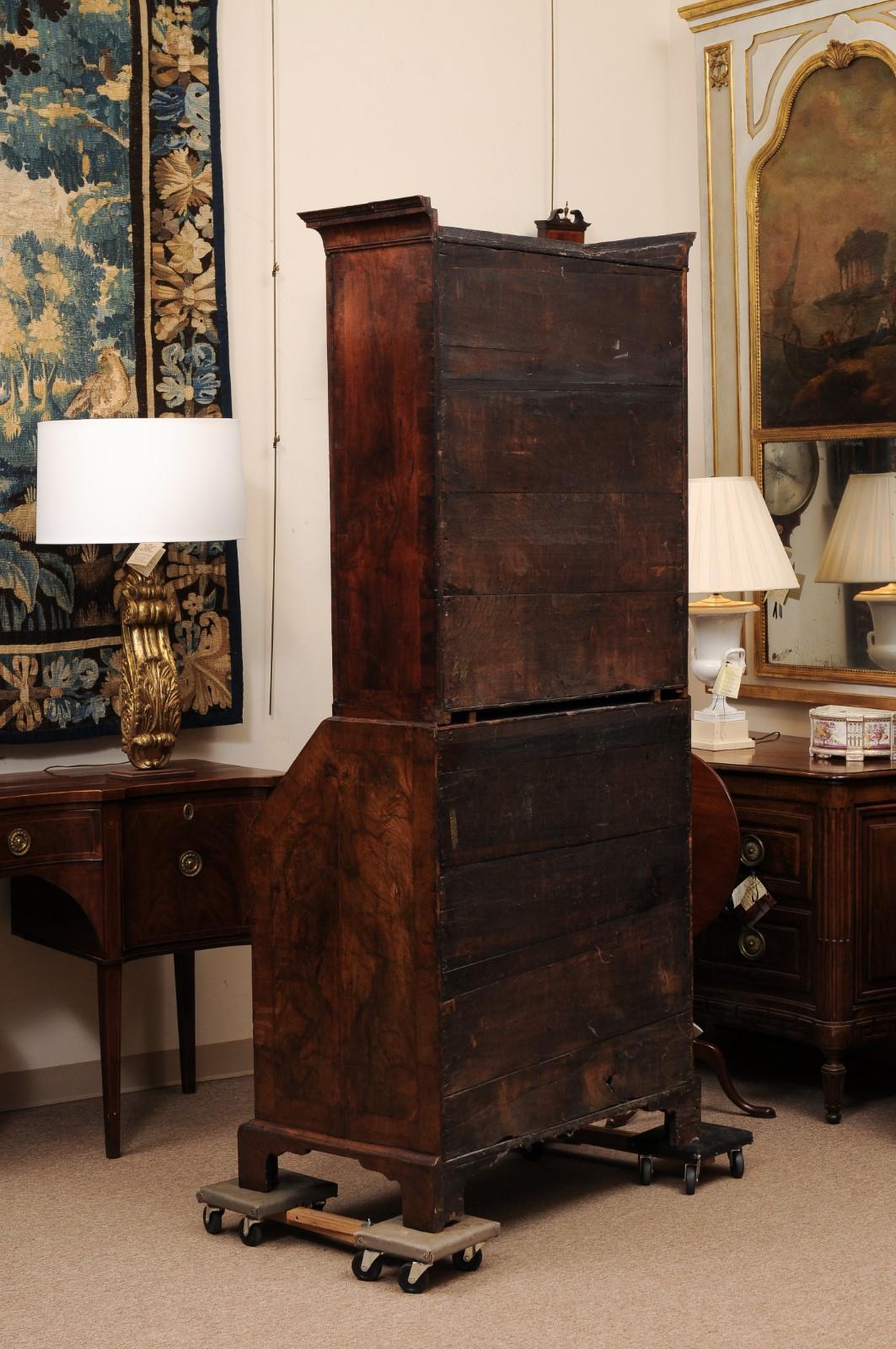 Early 18th Century English Queen Anne Walnut Bureau Bookcase with Mirrored Doors For Sale 8