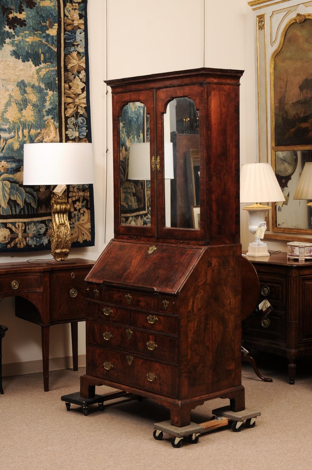 Early 18th Century English Queen Anne Walnut Bureau Bookcase with Mirrored Doors For Sale 10