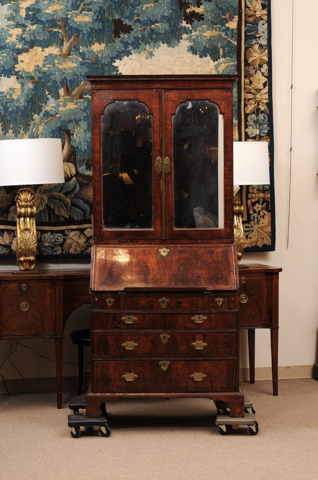 Early 18th Century English Queen Anne Walnut Bureau Bookcase with Mirrored Doors For Sale 11