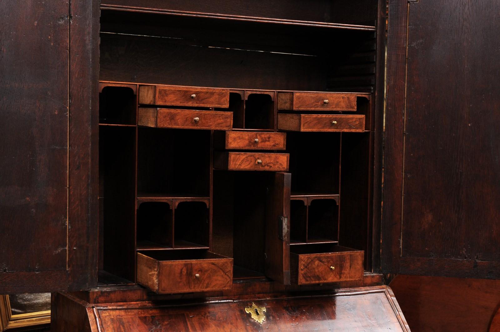 Early 18th Century English Queen Anne Walnut Bureau Bookcase with Mirrored Doors For Sale 13