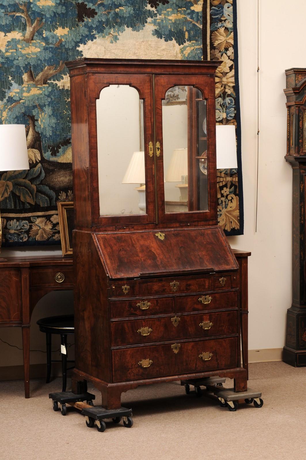 Early 18th Century English Queen Anne Walnut Bureau Bookcase with Mirrored Doors In Fair Condition For Sale In Atlanta, GA
