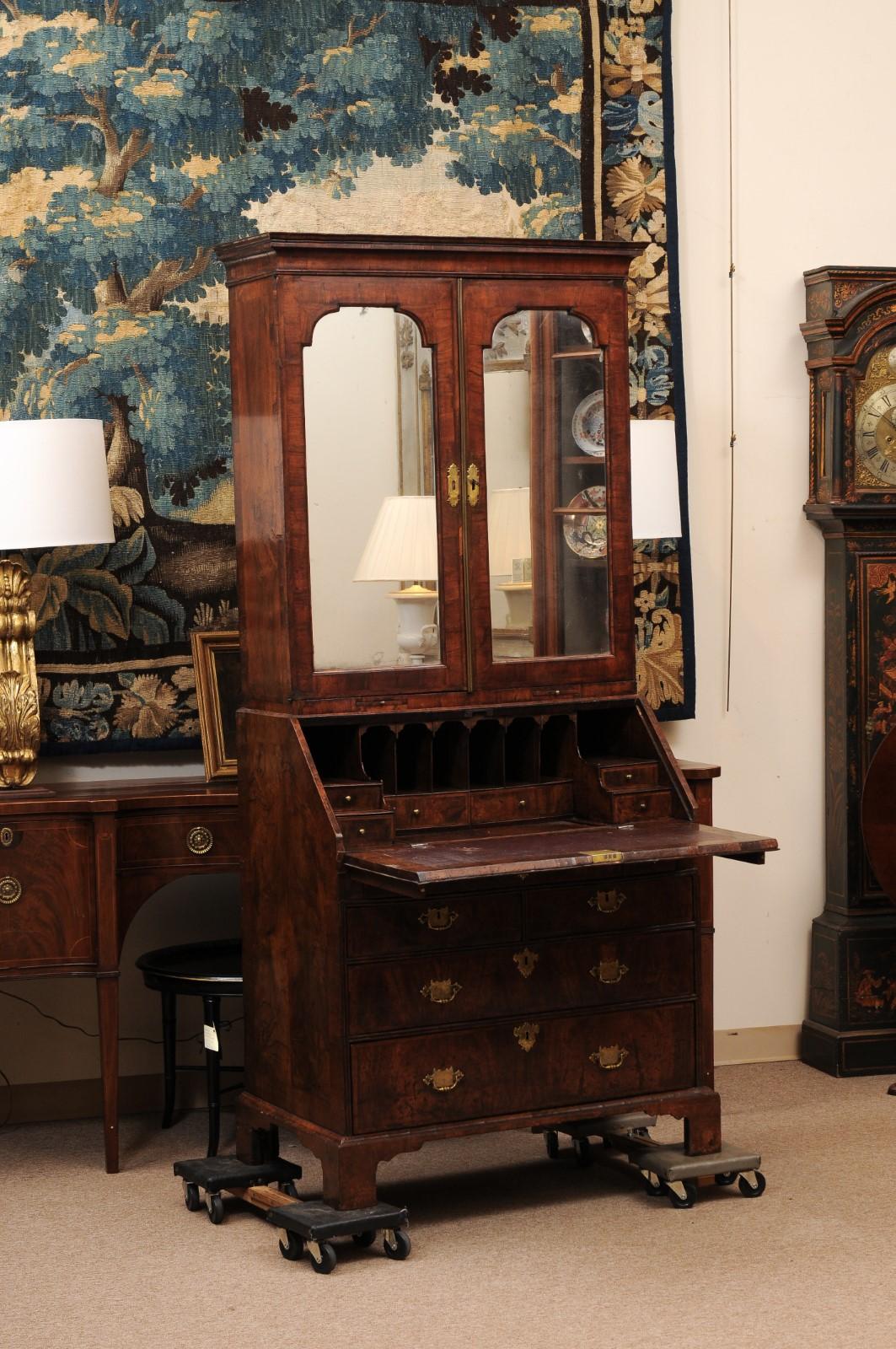 18th Century and Earlier Early 18th Century English Queen Anne Walnut Bureau Bookcase with Mirrored Doors For Sale