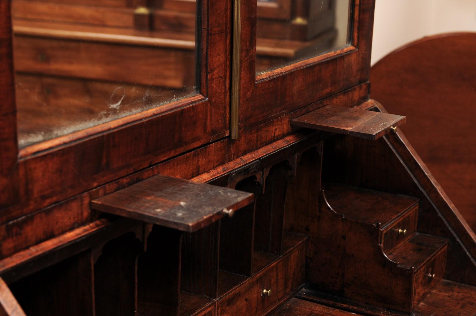 Early 18th Century English Queen Anne Walnut Bureau Bookcase with Mirrored Doors For Sale 2