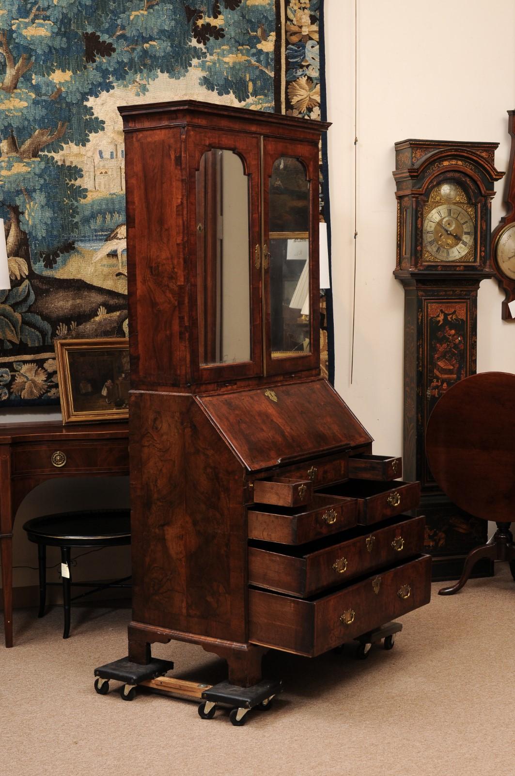 Early 18th Century English Queen Anne Walnut Bureau Bookcase with Mirrored Doors For Sale 3