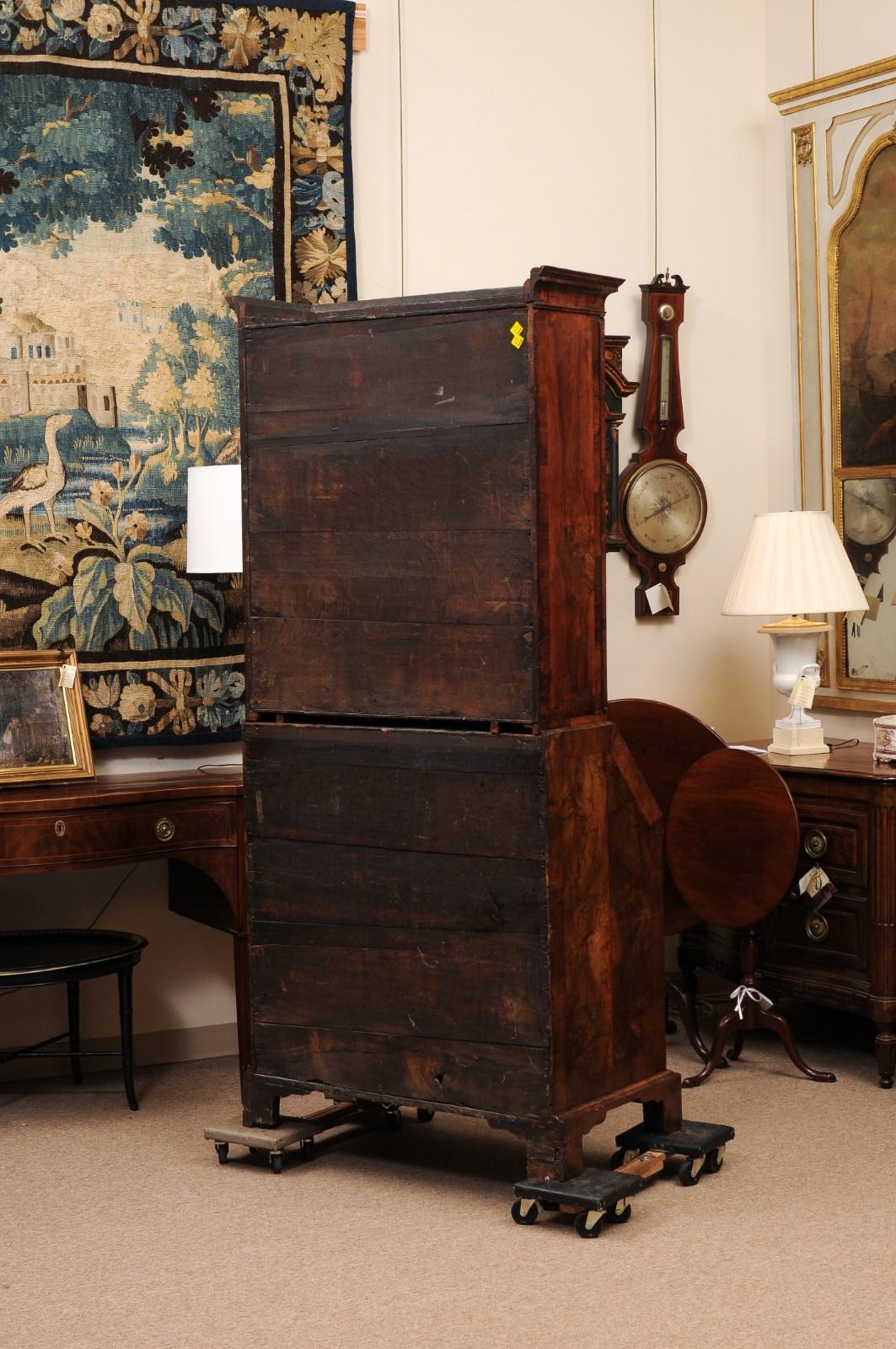 Early 18th Century English Queen Anne Walnut Bureau Bookcase with Mirrored Doors For Sale 6