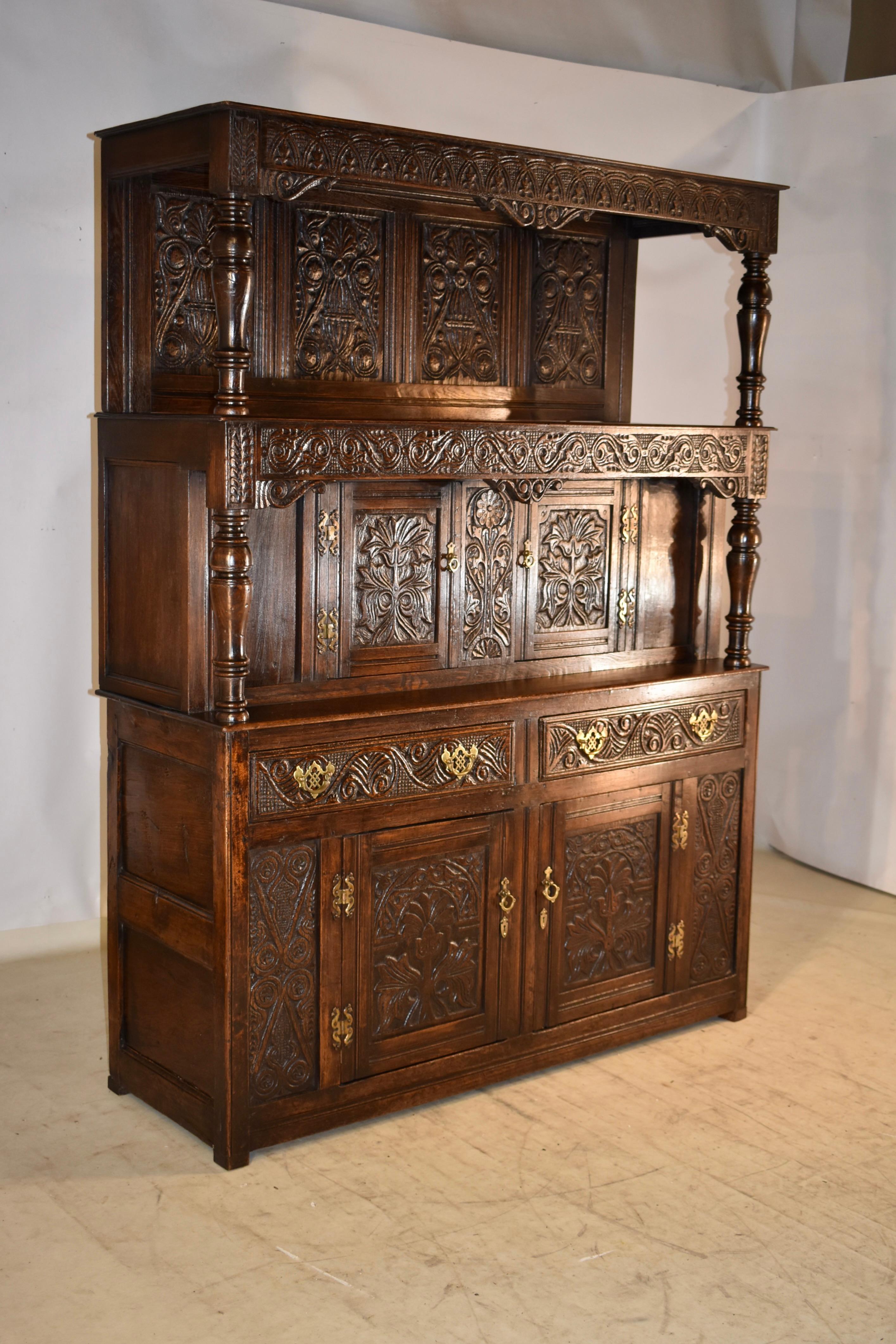 Hand-Carved Early 18th Century English Tridarn Press Cupboard For Sale