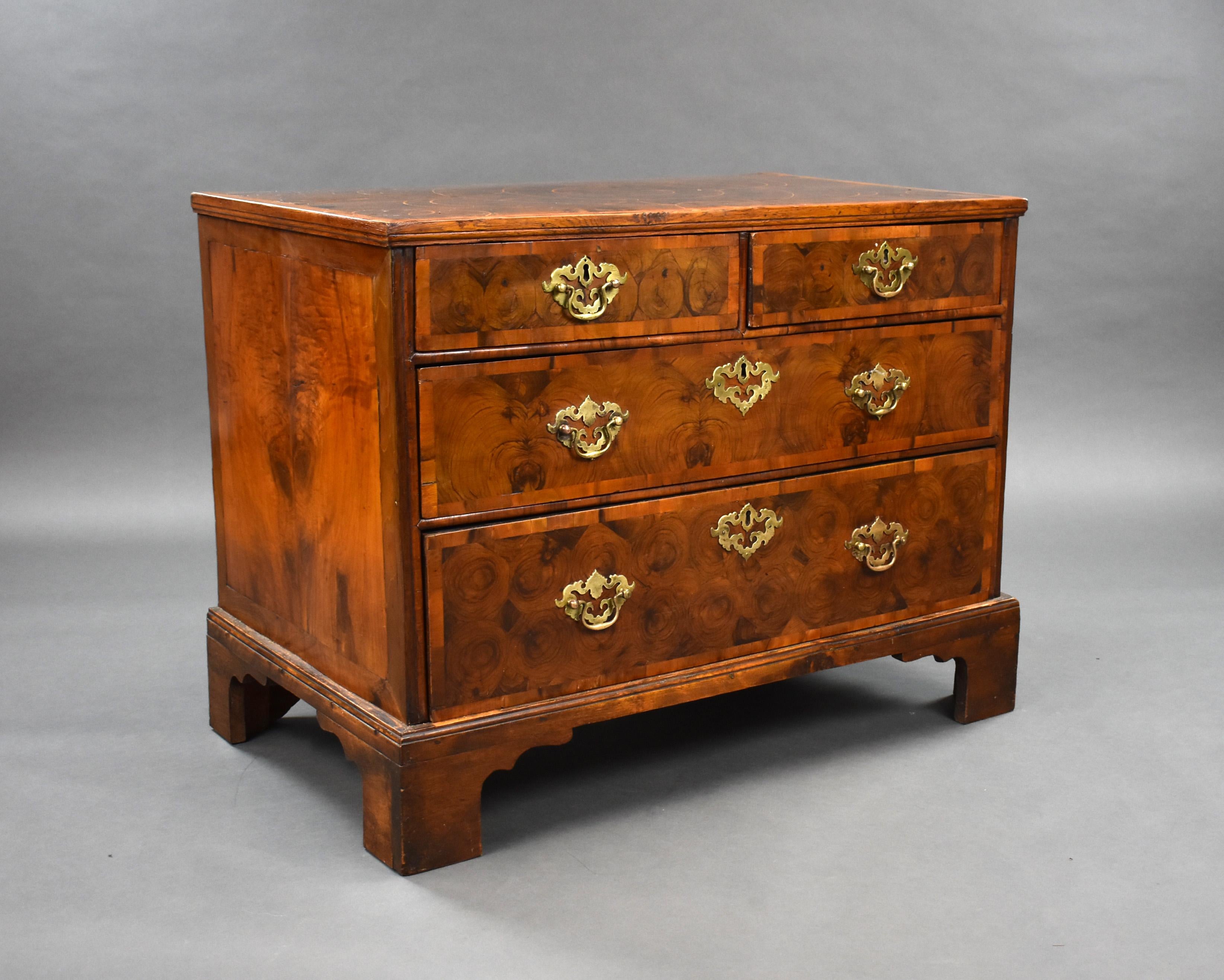 For sale is a good quality early 18th century oyster veneered walnut and laburnum chest of two short and two long graduated drawers, standing on bracket feet the chest remains in good condition, showing minor signs of wear commensurate with age and