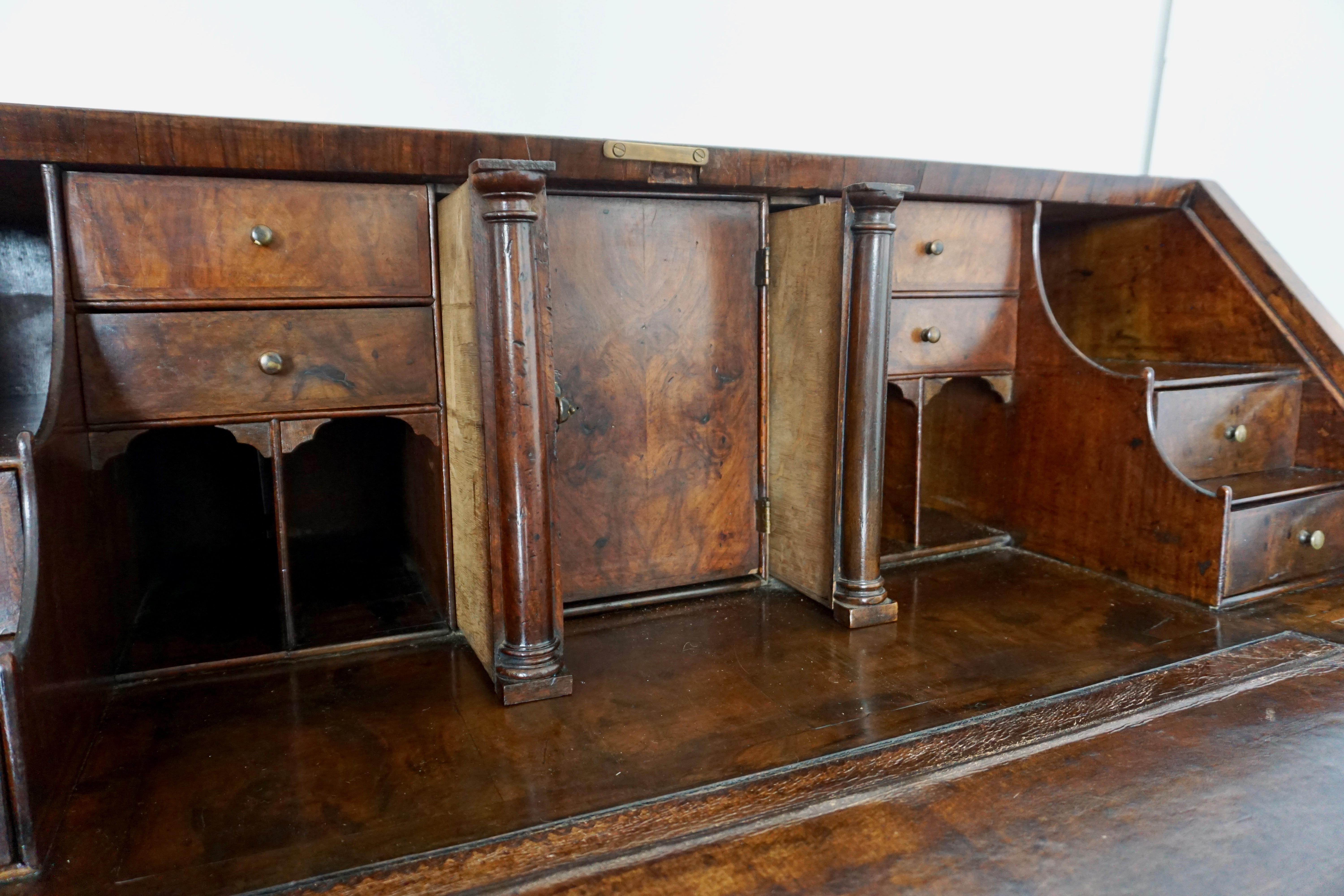 Hand-Crafted Early 18th Century English Walnut Veneered Stepped Interior Georgian Bureau Desk For Sale