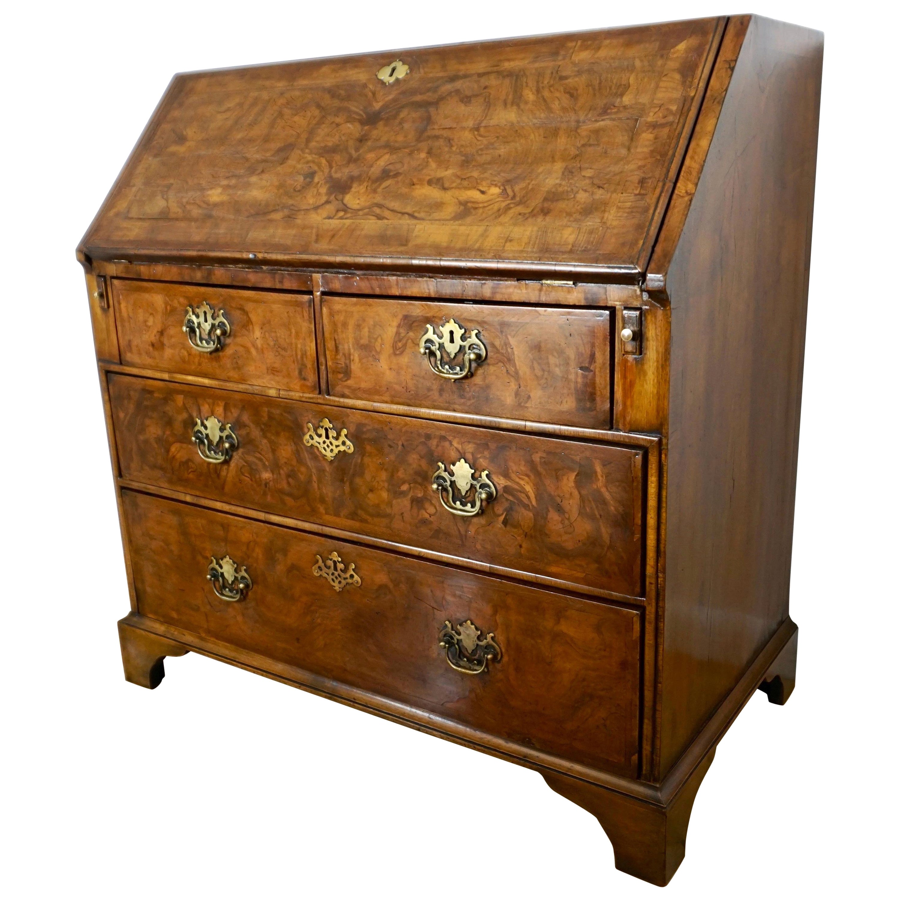 Early 18th Century English Walnut Veneered Stepped Interior Georgian Bureau Desk