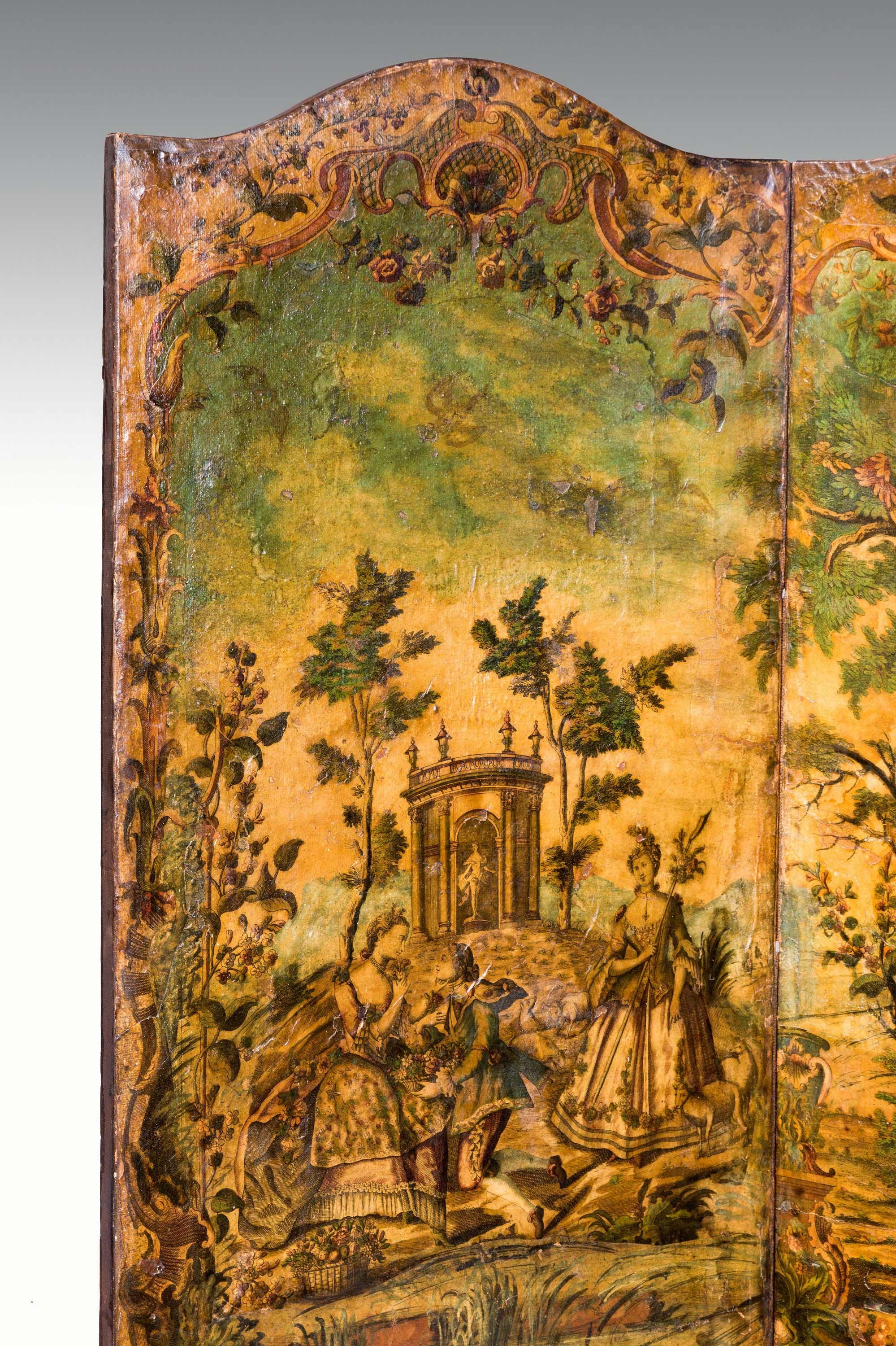 Early 18th century European four fold fire screen depicting ladies and gentlemen. In period dress, woodland and bridges.