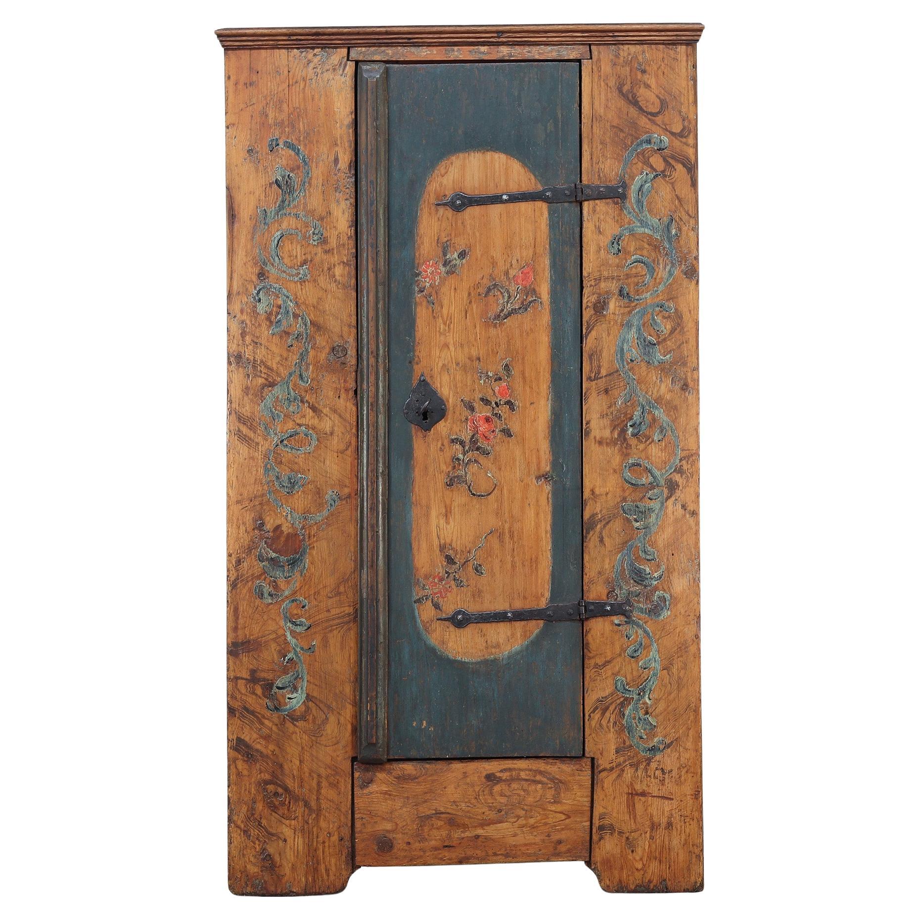 Early 18th Century Farmhouse Wabi Sabi Primitive Painted Folk Art Bridal Cabinet For Sale