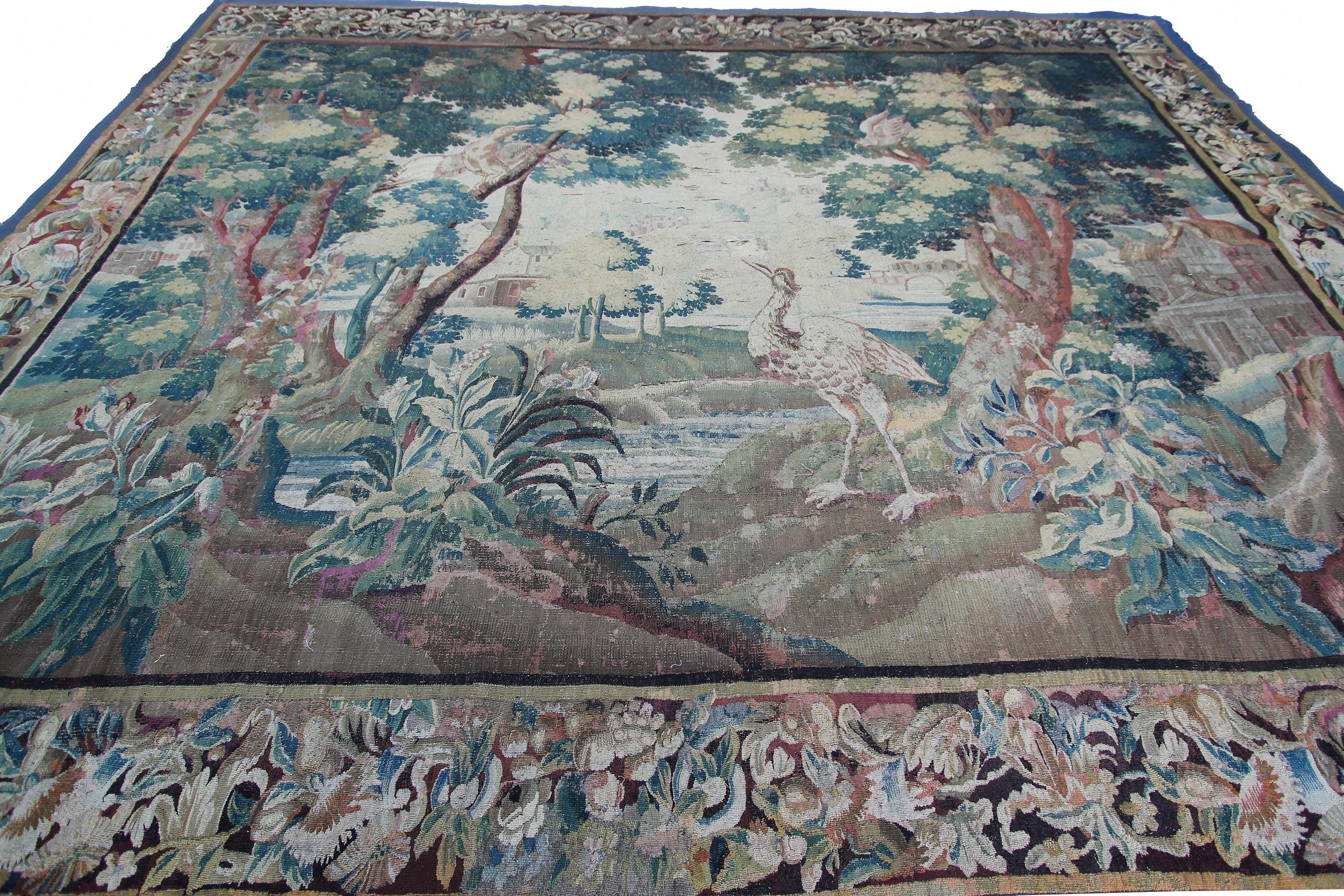 Hand-Woven Early 18th century Flemish antique tapestry 10x13 Verdure Wool & Silk 297x384cm For Sale