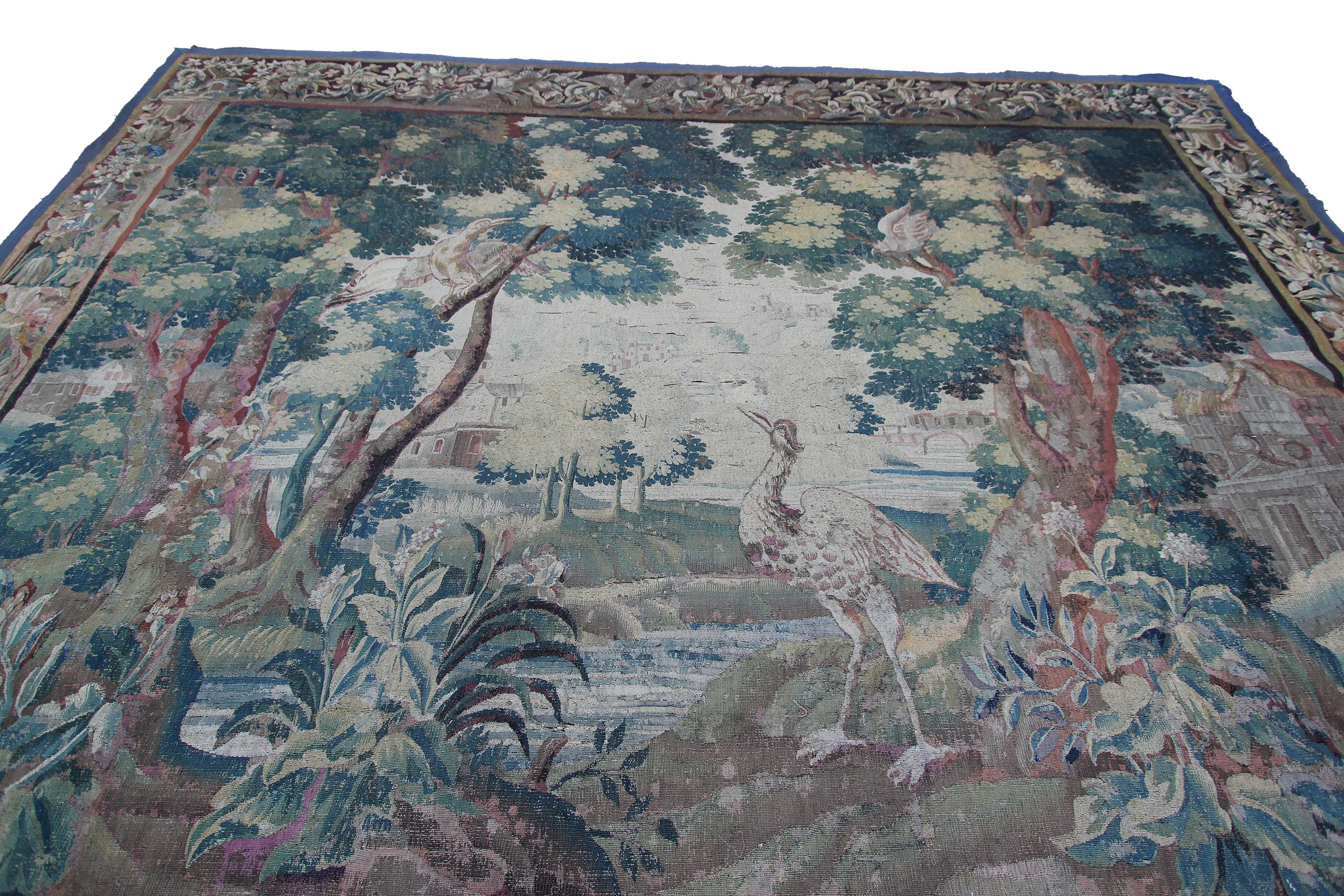 Early 18th century Flemish antique tapestry 10x13 Verdure Wool & Silk 297x384cm In Good Condition For Sale In New York, NY