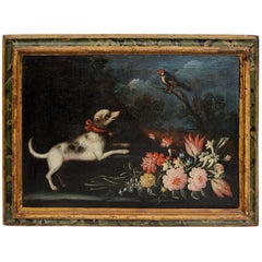 Antique Early 18th Century Floral Still Life, Piedmontese School with a Dog and Bird