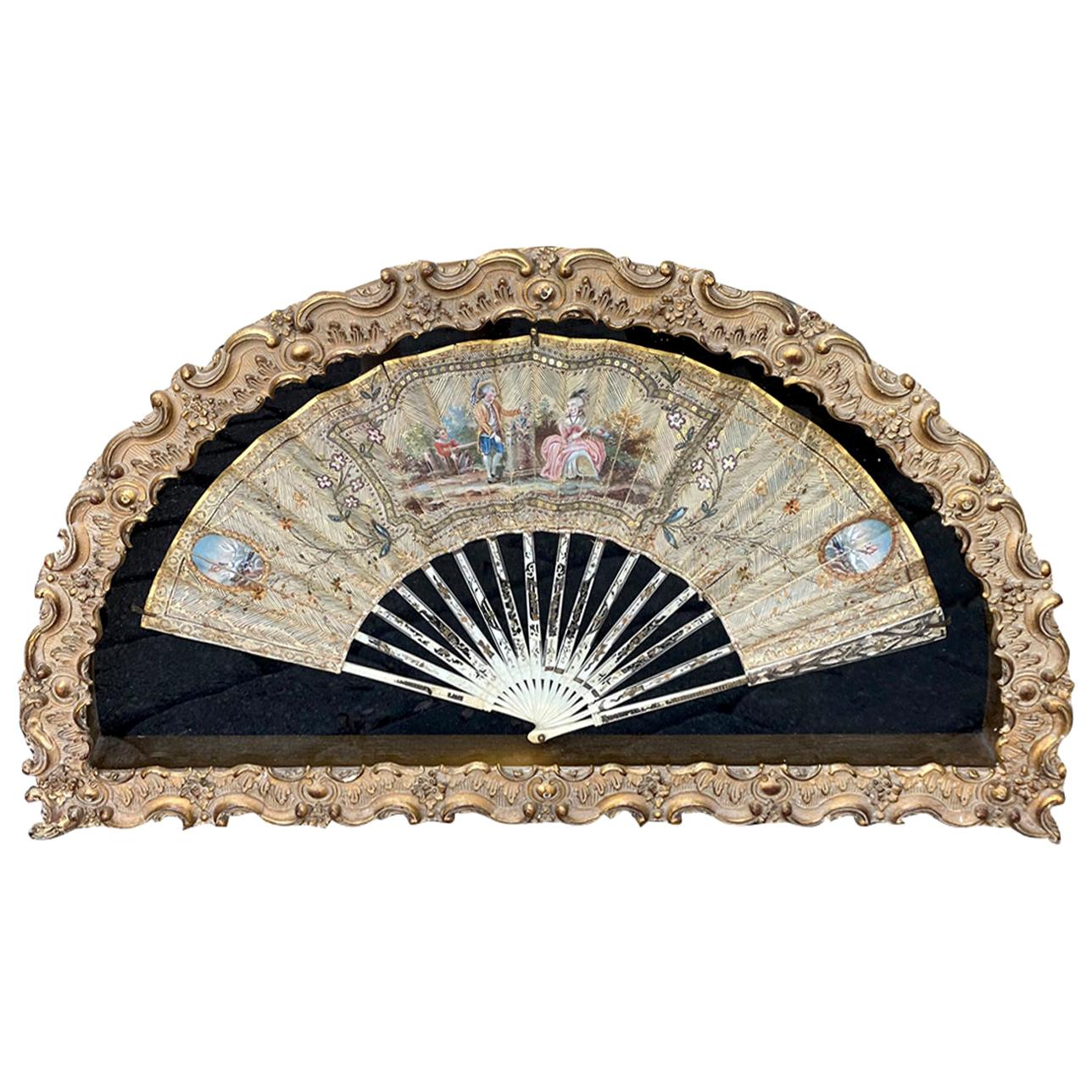 Early 18th Century French Fan in Gilt Display Case