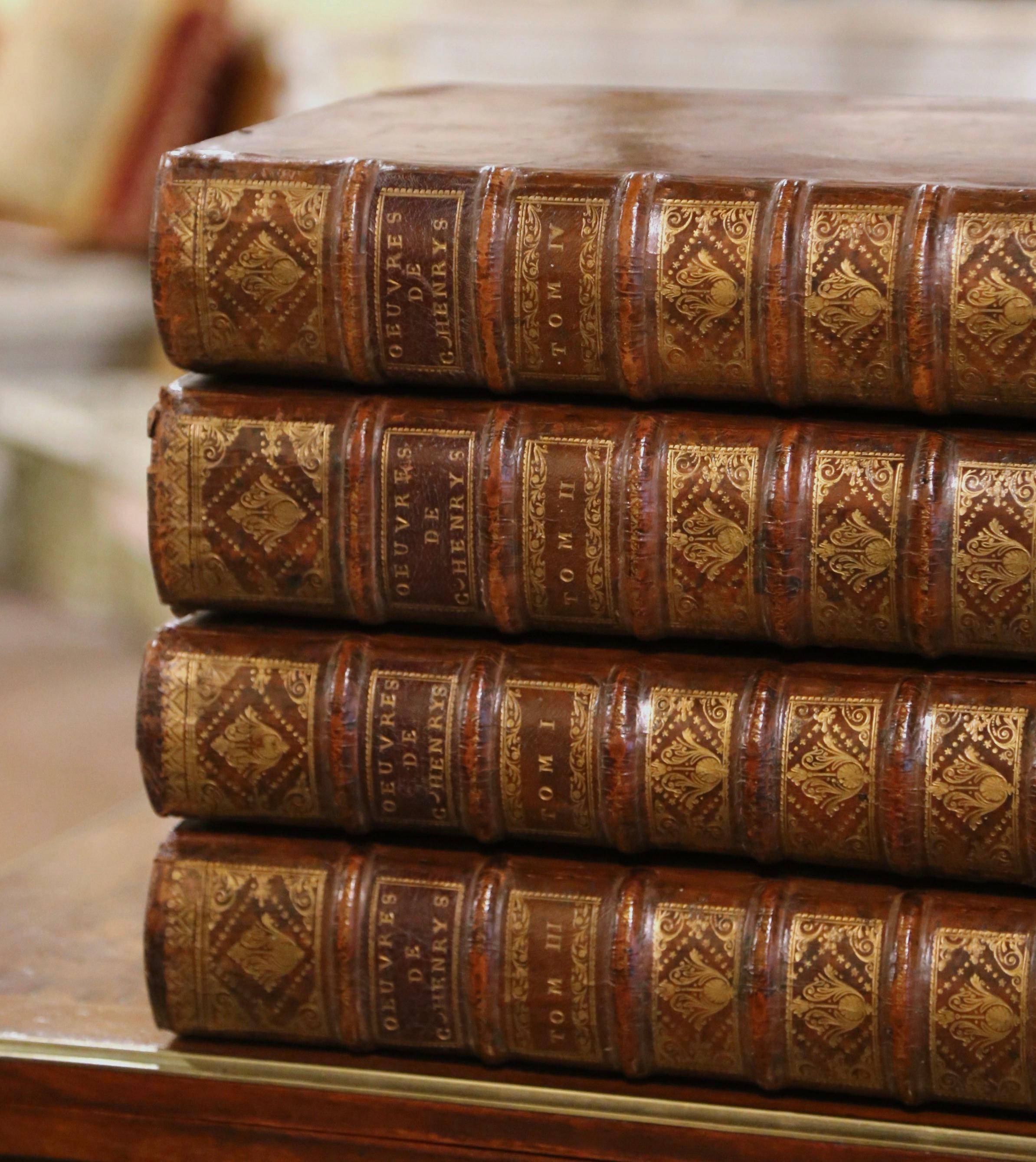Louis XIV Early 18th Century, French, Leather Bound Books Dated 1738, Complete Set of Four