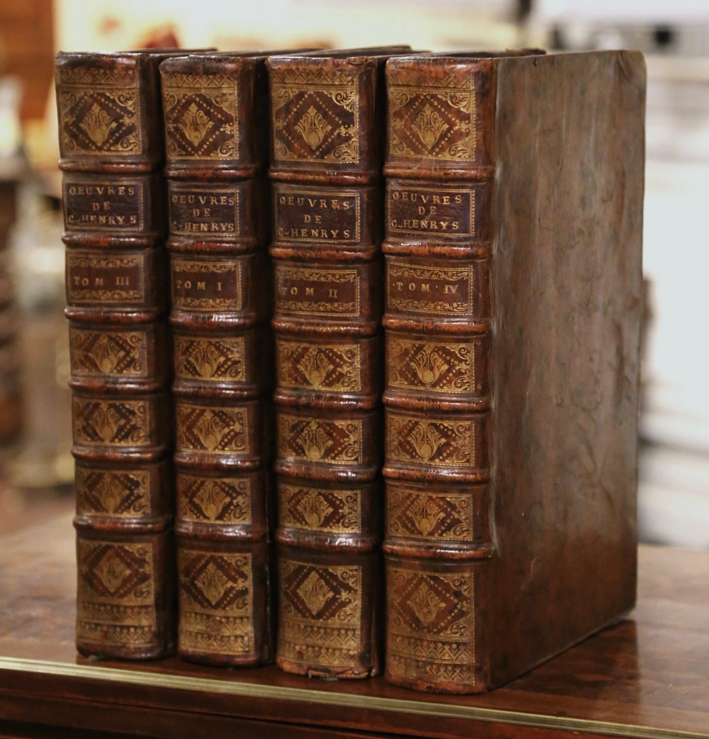 Hand-Crafted Early 18th Century, French, Leather Bound Books Dated 1738, Complete Set of Four