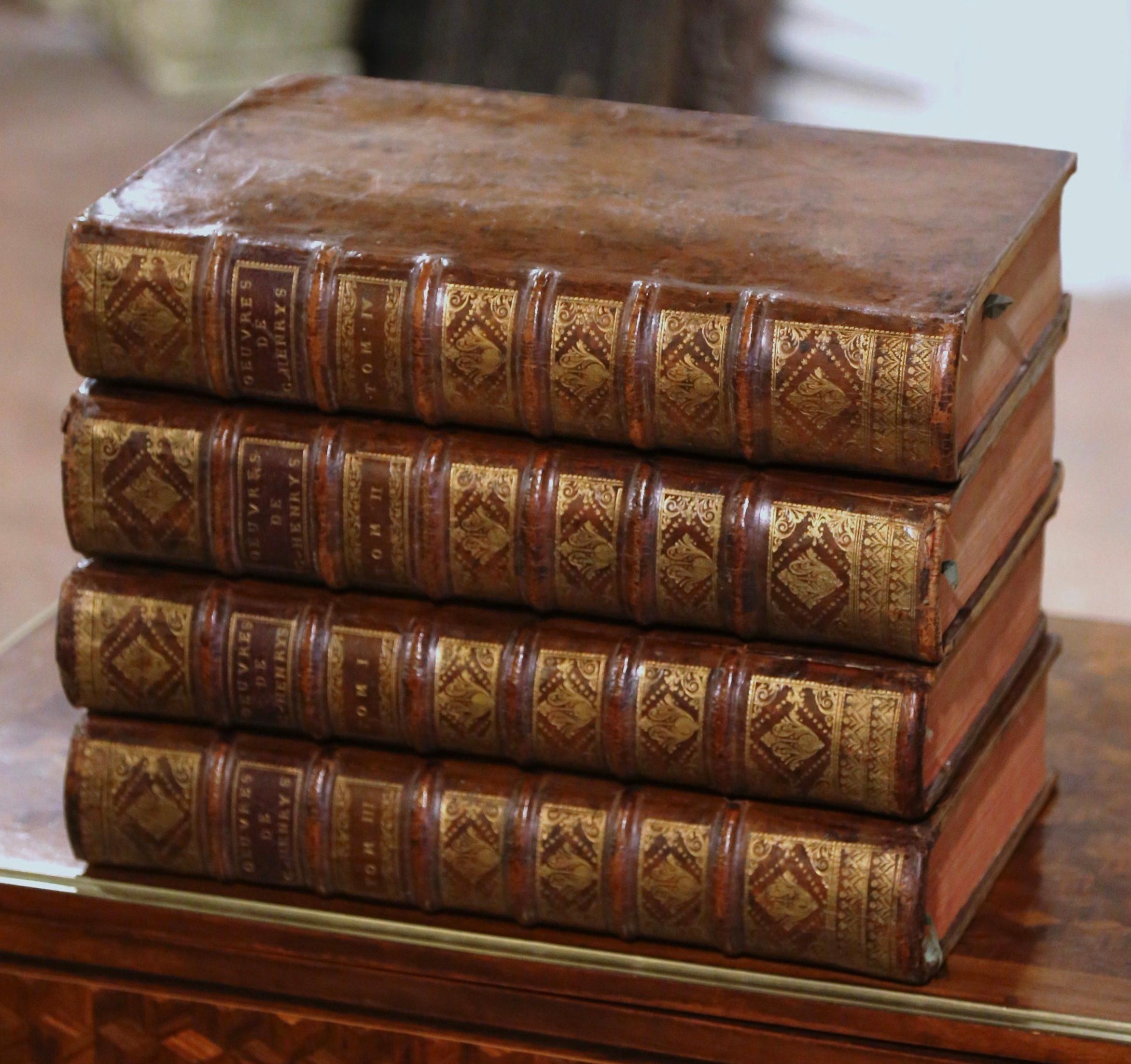Early 18th Century, French, Leather Bound Books Dated 1738, Complete Set of Four In Excellent Condition In Dallas, TX