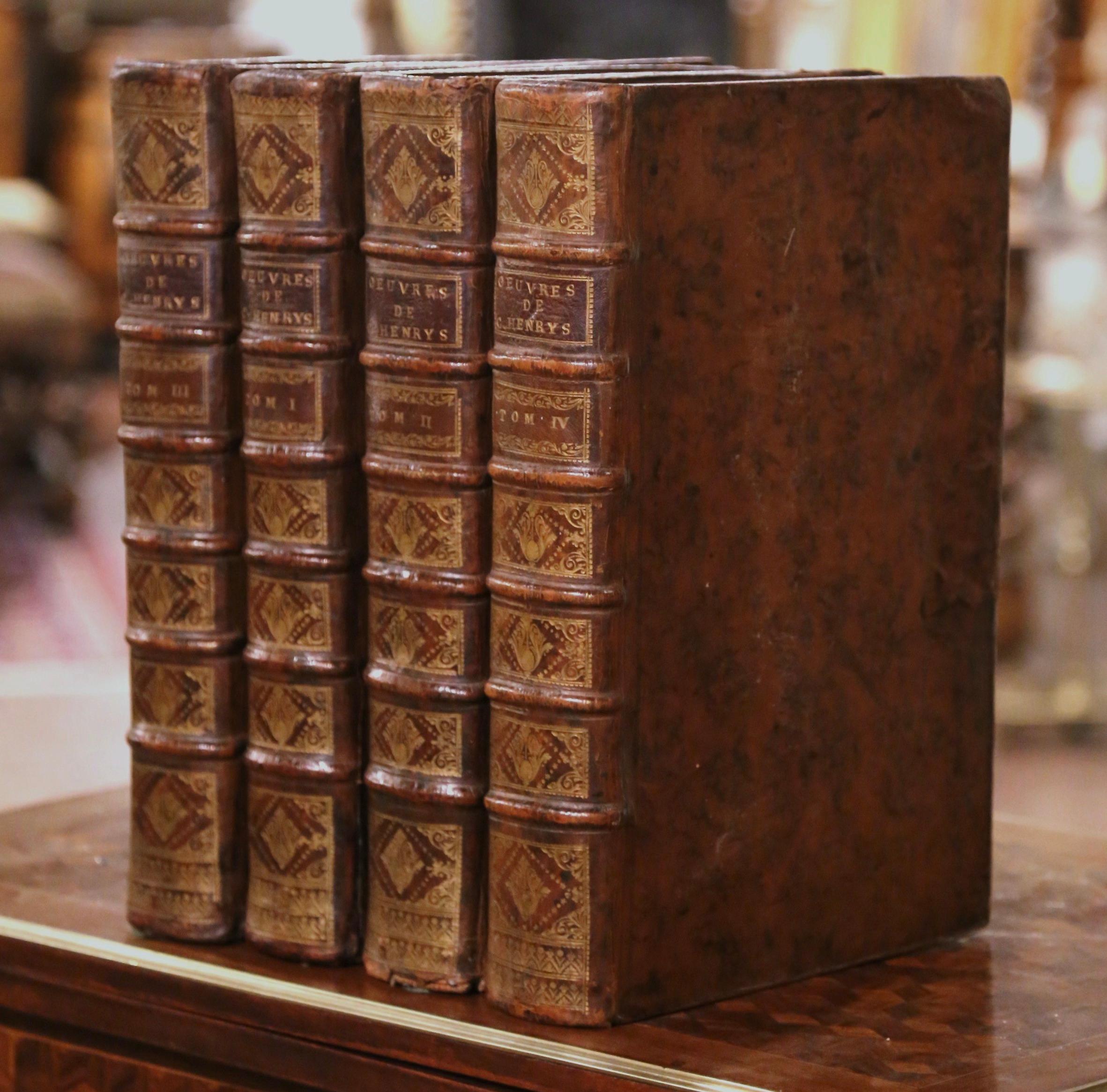 Early 18th Century, French, Leather Bound Books Dated 1738, Complete Set of Four 1