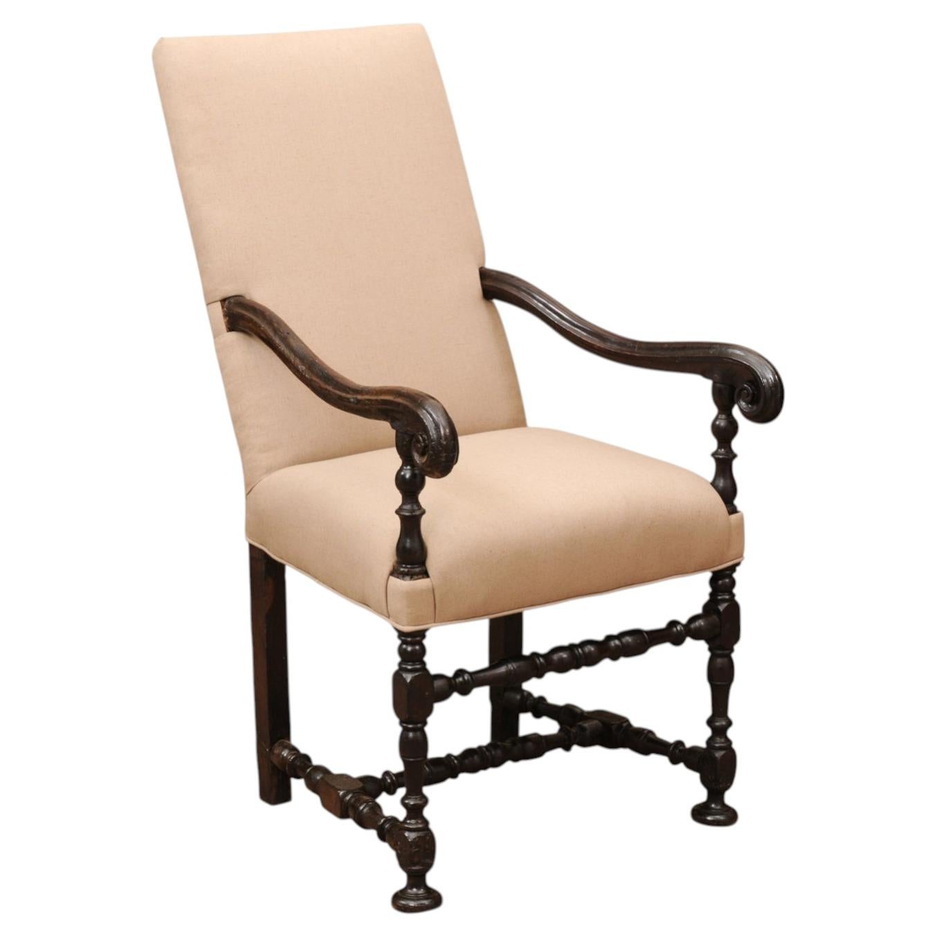 Early 18th Century French Louis XIII Walnut Fauteuil with Scroll Arms