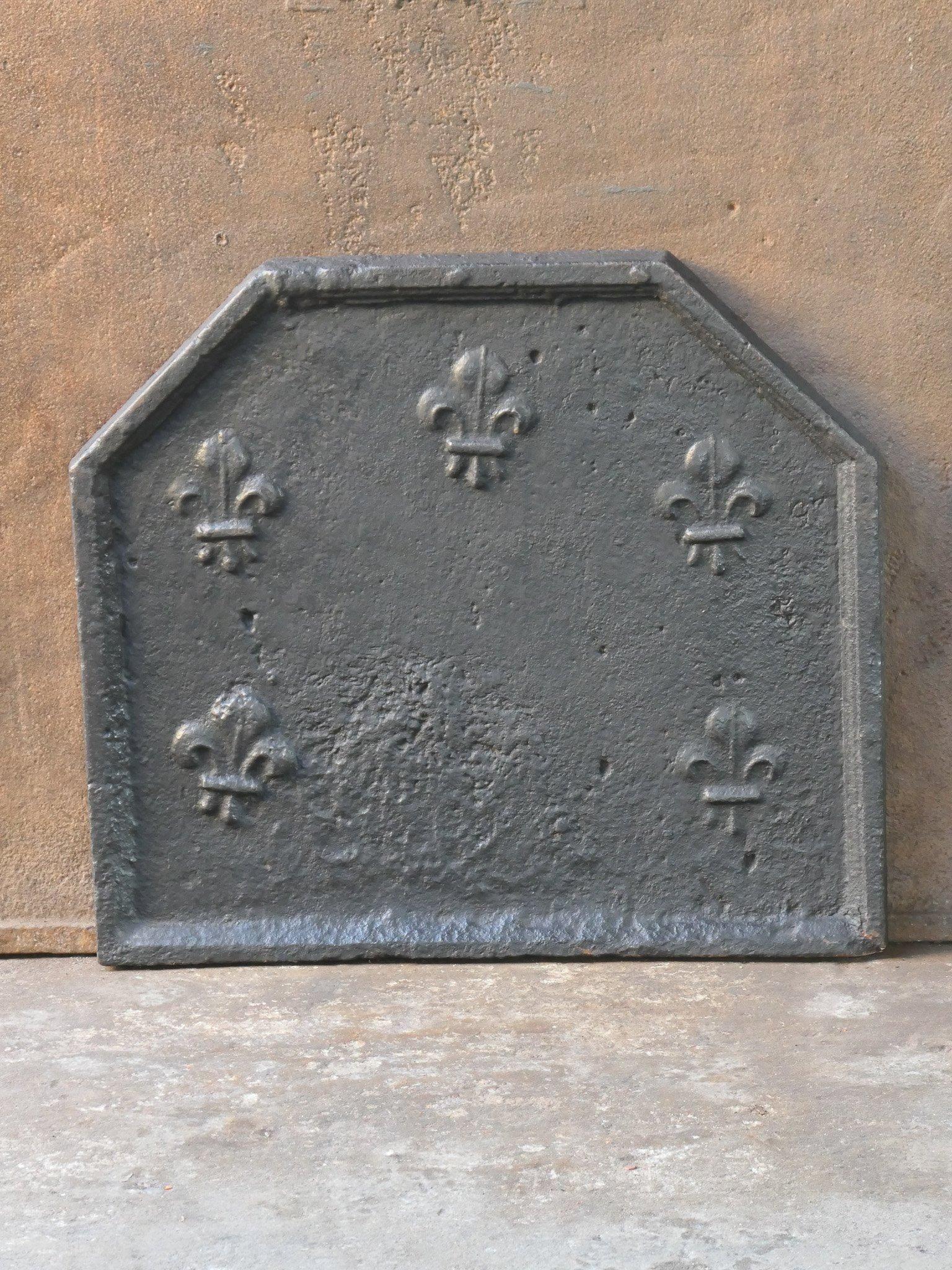 Early 18th century French Louis XIV period fireback with Fleur de Lys. Symbol for purity and aristocracy throughout Europe.

The fireback is made of cast iron and has a black patina.