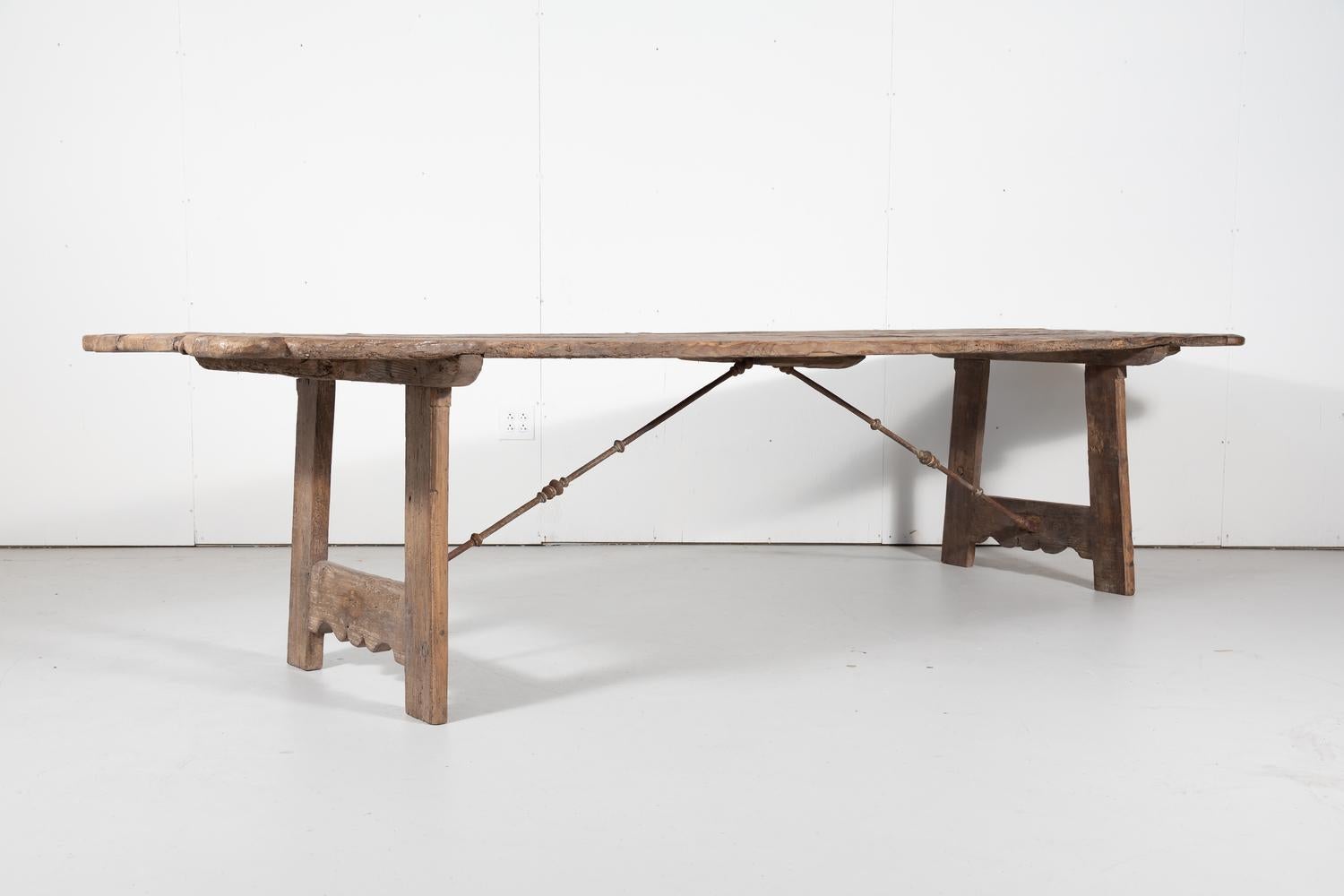 Wood Early 18th Century French Trestle Table with Iron Stretcher
