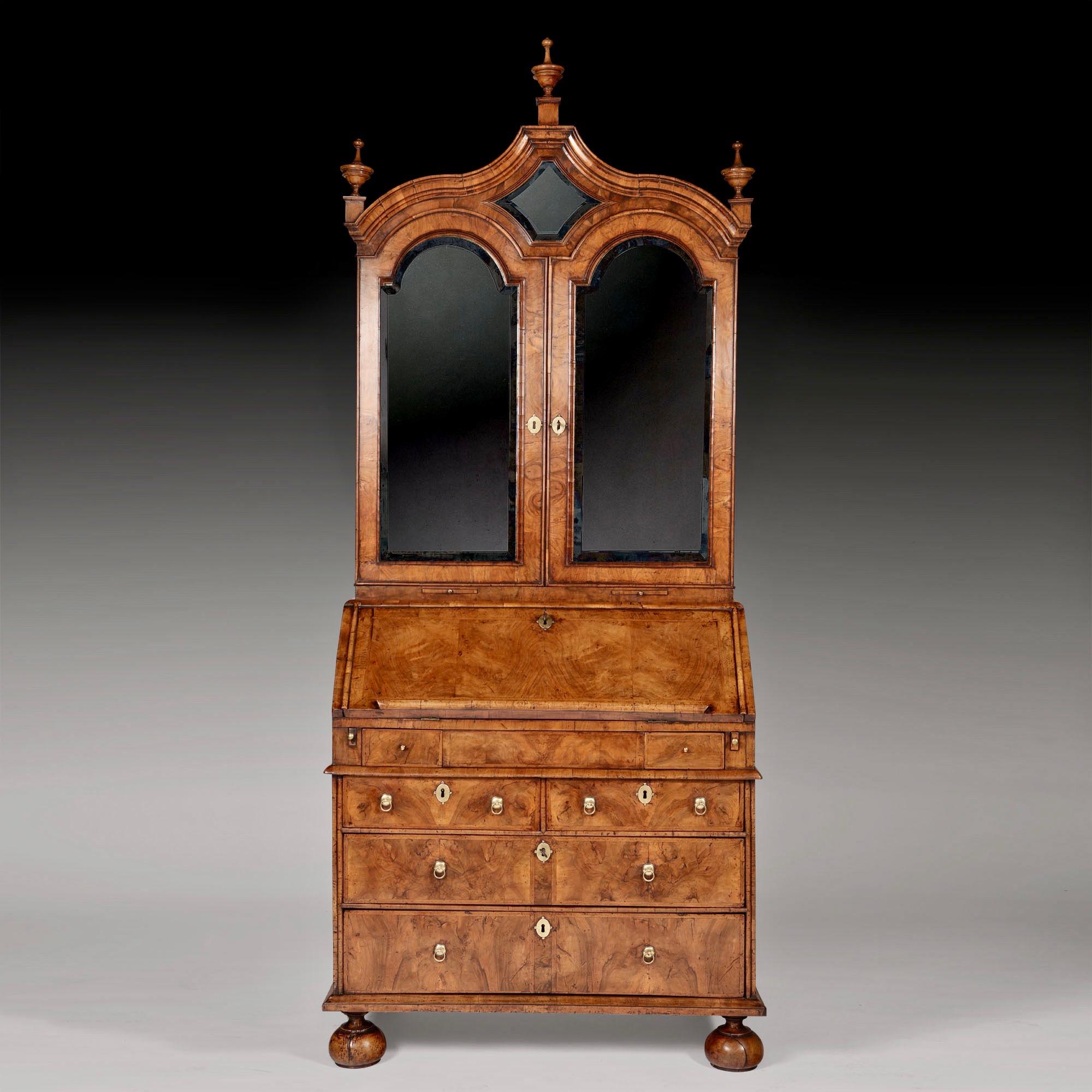 British Early 18th Century George I Figured Walnut Bureau Bookcase For Sale