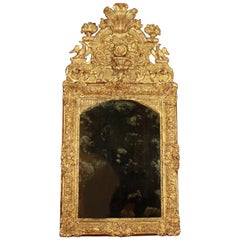 Antique French Early 18th Century Régence Vase and Birds Cresting Giltwood Mirror